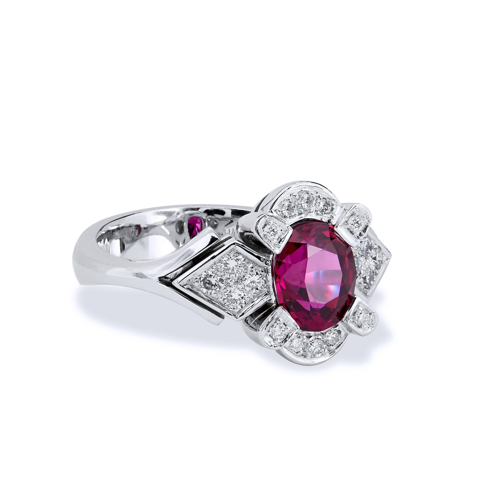 Marvel at this gorgeous Thai Oval Ruby Diamond Pave Platinum Ring! The spectacular, Fine Thai Oval Ruby is nestled in the center of diamond pave which perfectly accents the piece. Handcrafted with unparalleled skill, it's a treasure!

Thai Oval Ruby