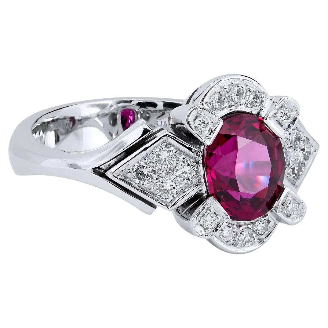 Handmade GIA Certified Thai Oval Ruby Diamond Pave Platinum Ring For Sale