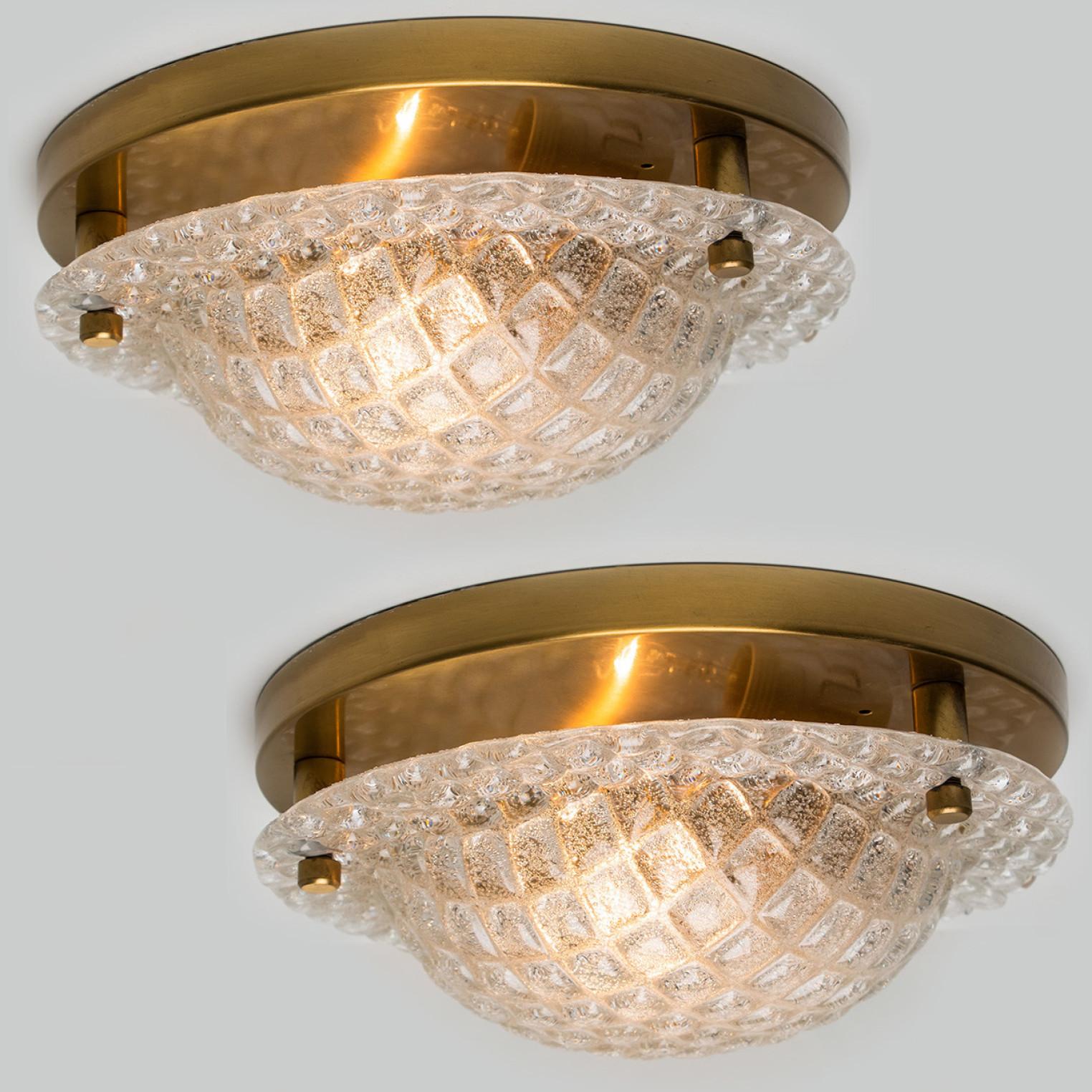 20th Century Handmade Glass Brass Flush Mount or Wall Light by Hillebrand, 1970s For Sale