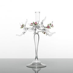 Velas contemporáneas de vidrio soplado rosa rosa hojas flor de primavera verde