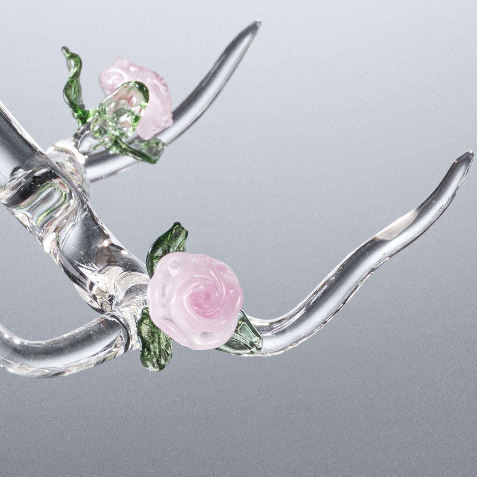 Modern Contemporary Hand-Blown Glass Rose Candle Sticks Pink Spring Flower Leaves Green For Sale