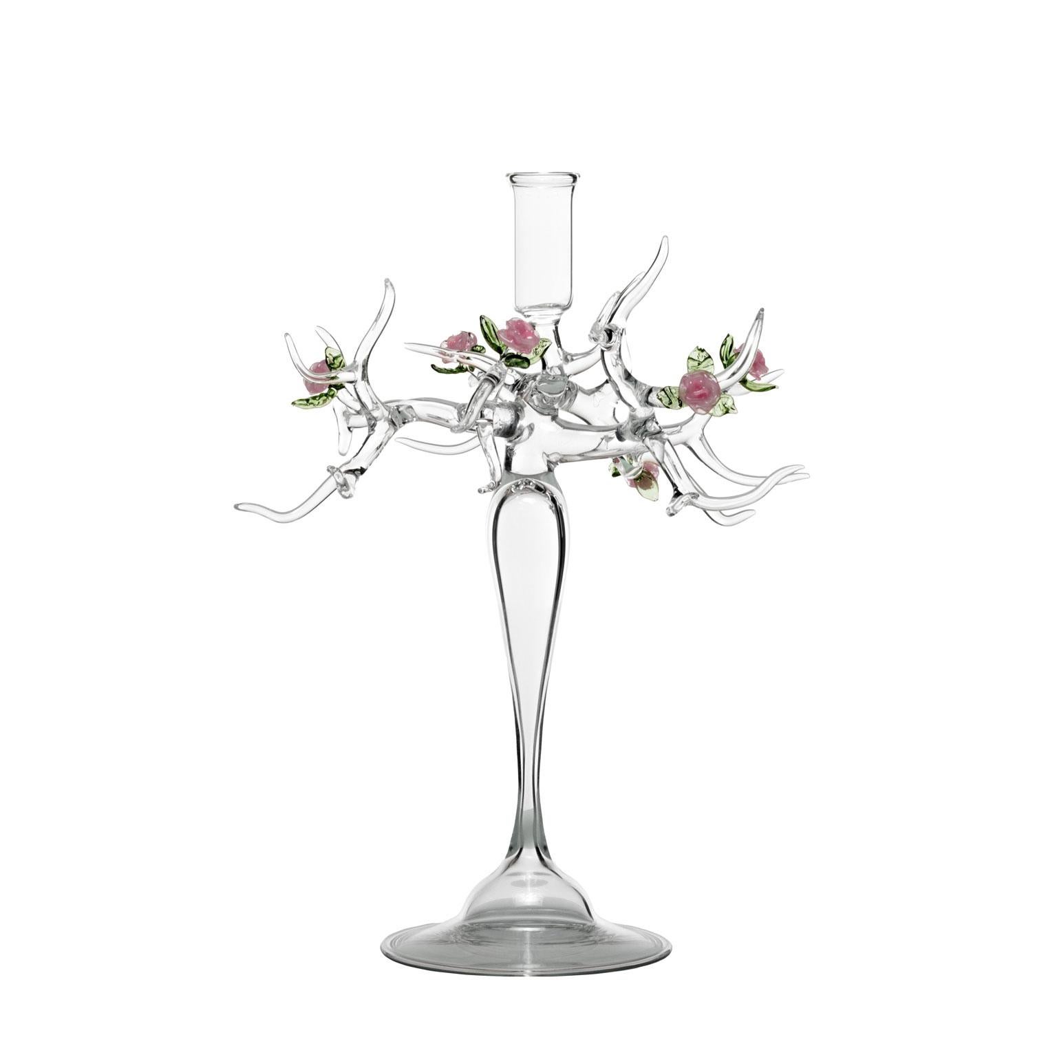 Italian Contemporary Hand-Blown Glass Rose Candle Sticks Pink Spring Flower Leaves Green For Sale