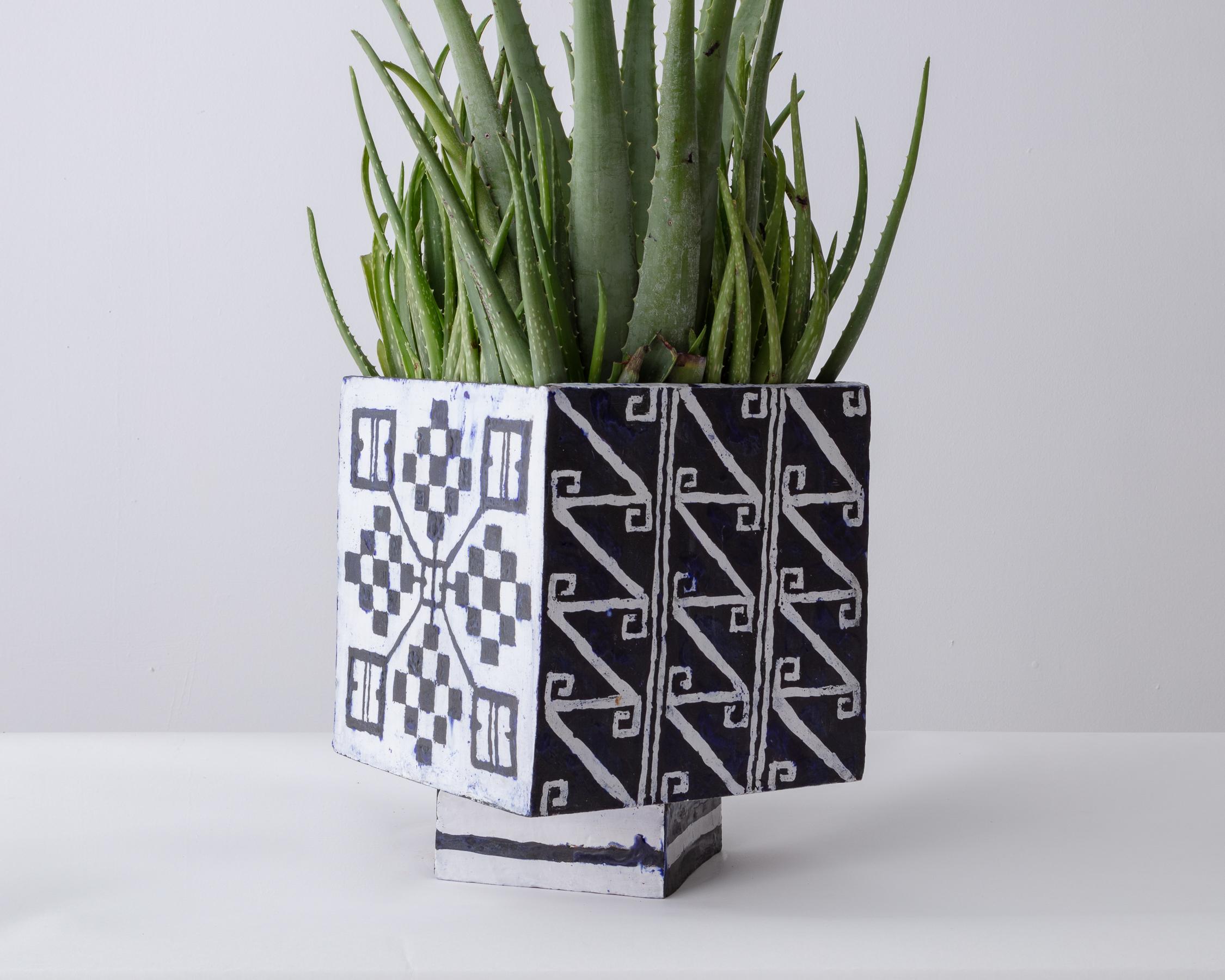 American Handmade Glazed Earthenware Coptic Planter with Clover Diamonds Unique Edition