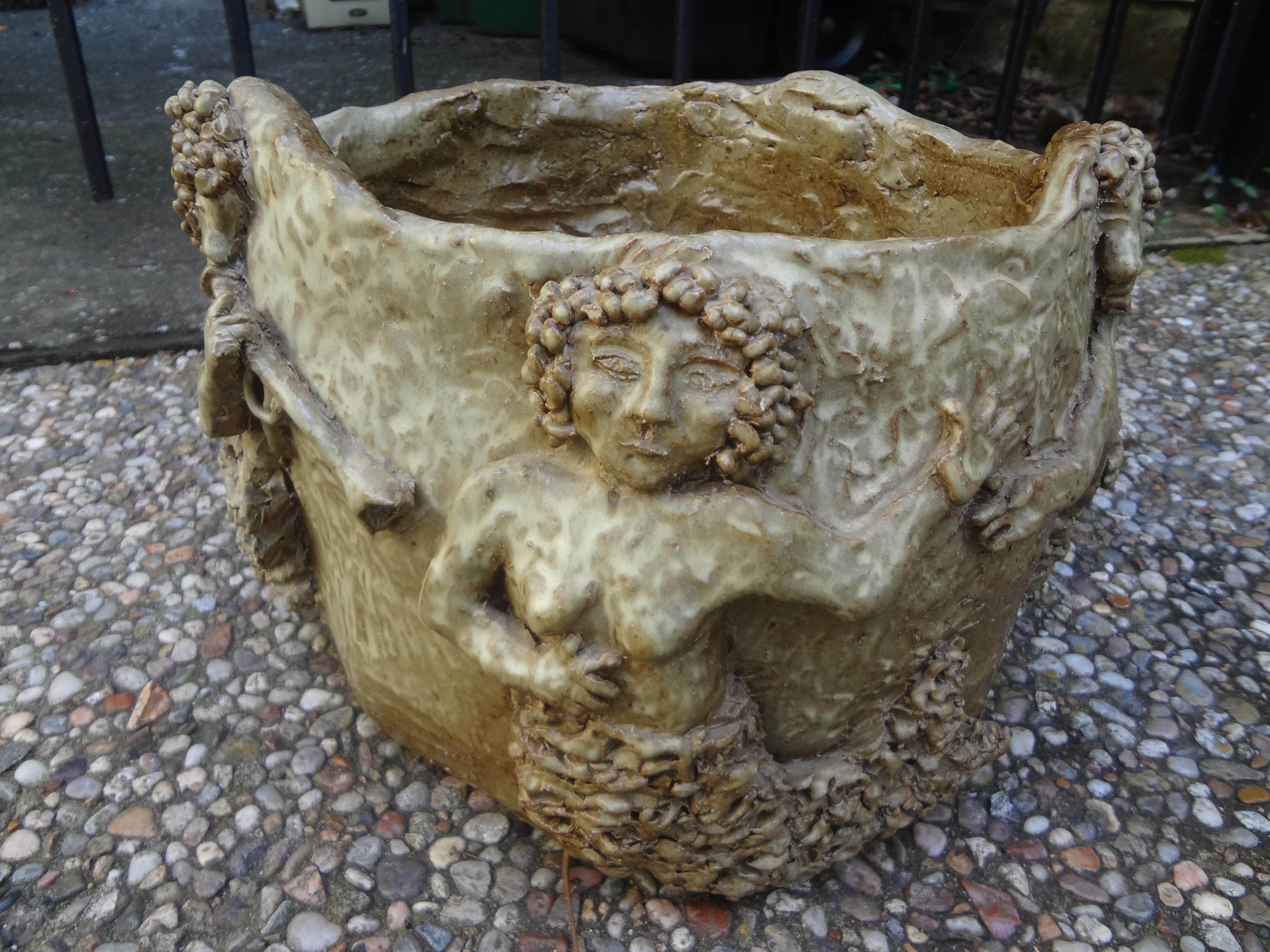 Handmade Glazed Pottery Planter or Jardiniere by June His For Sale 2