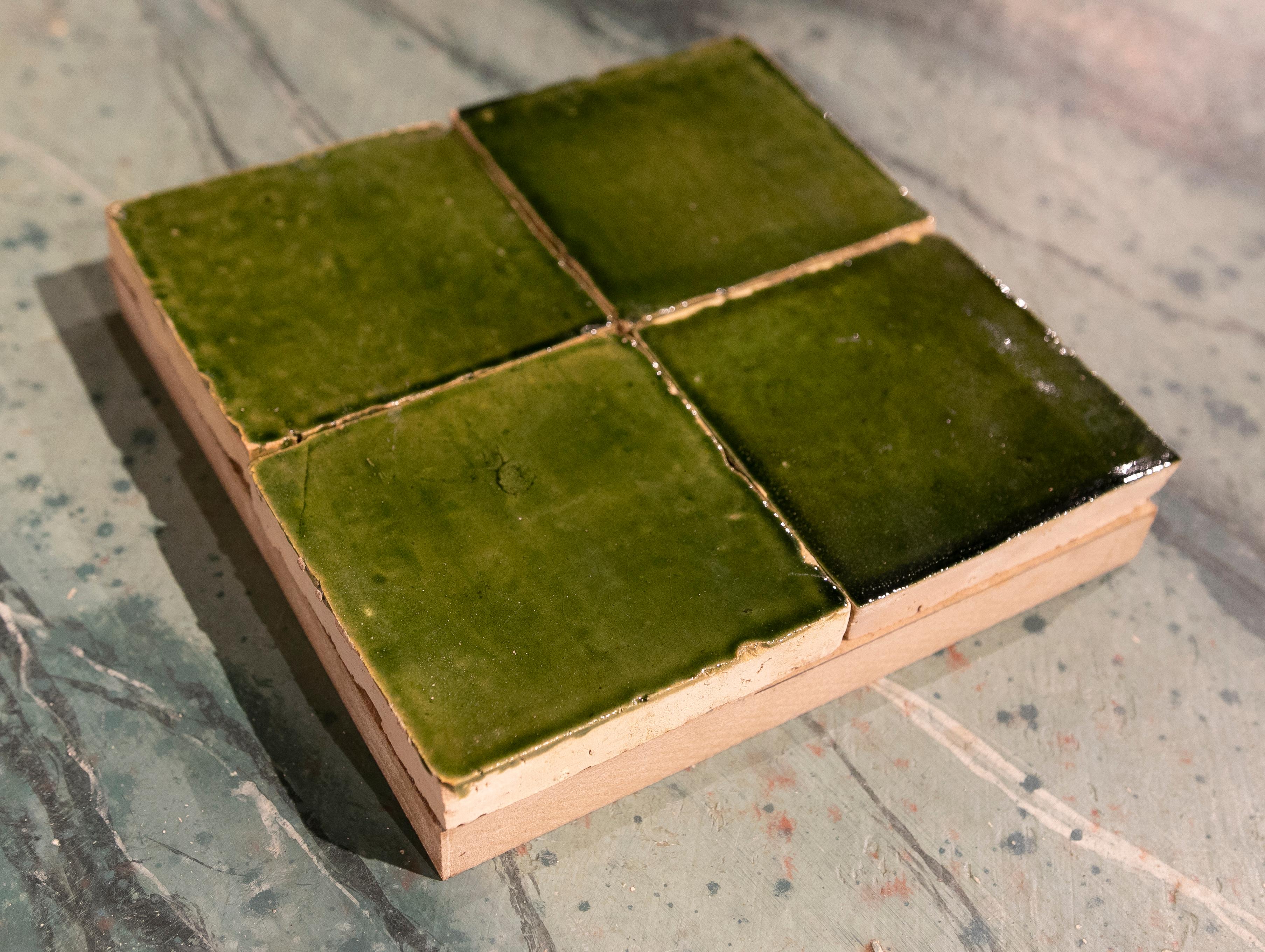 Handmade Glazed Zelige Tile in Green Colour For Sale 1