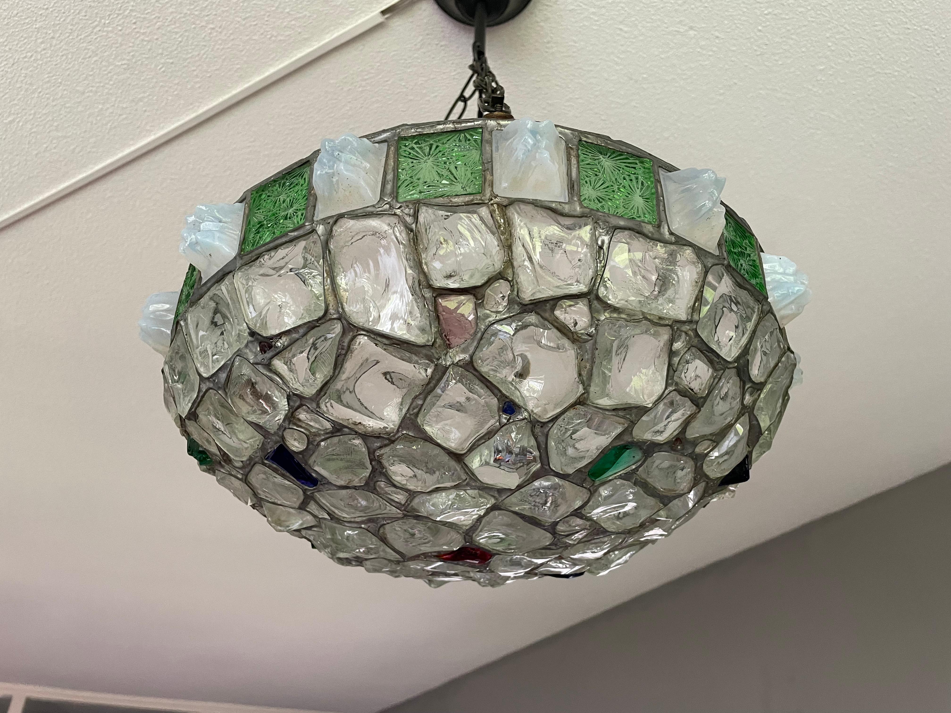 Handmade Glorious Antique Stained & Chunky Glass Arts & Crafts Pendant Light For Sale 6