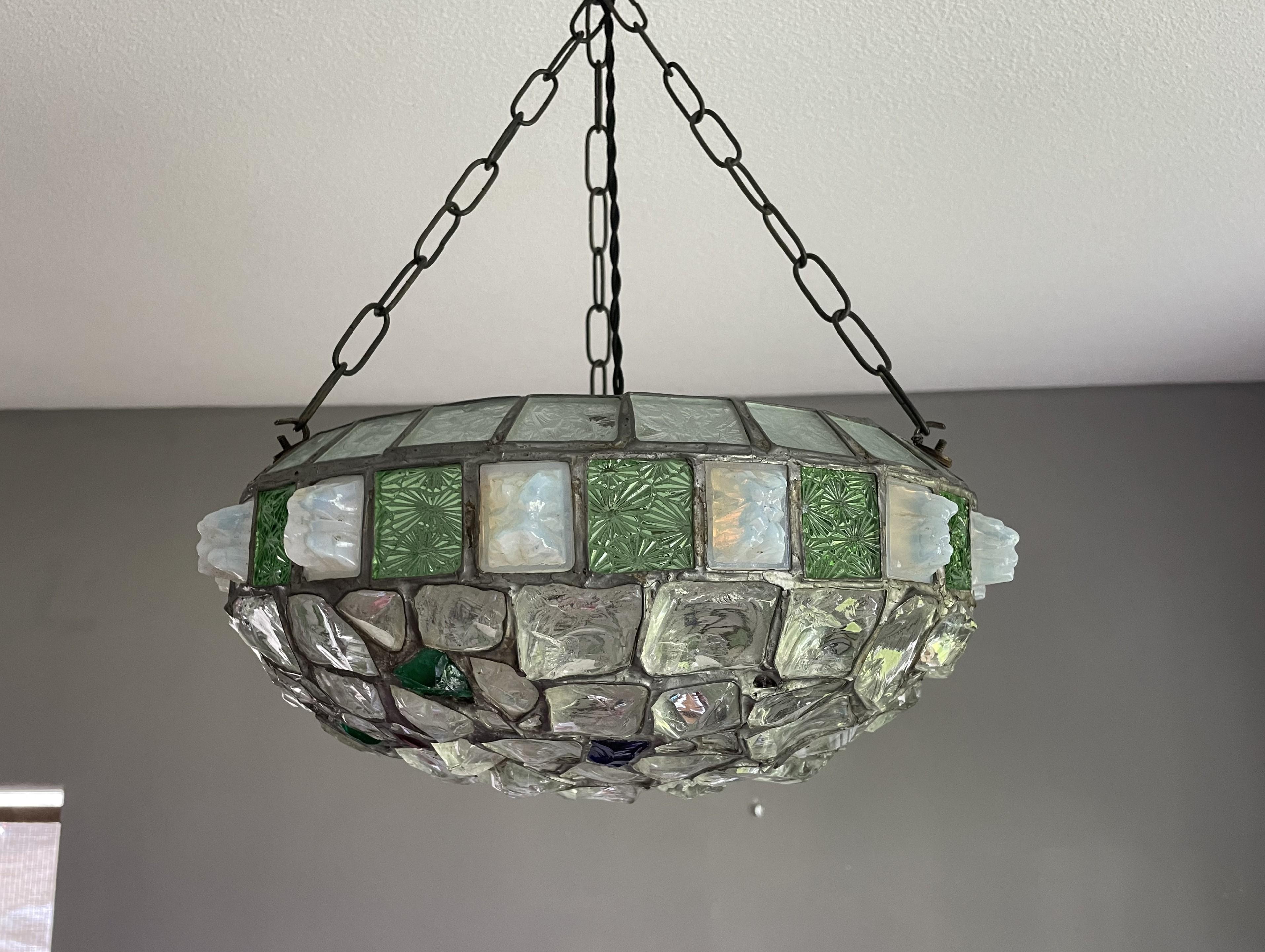 Arts and Crafts Handmade Glorious Antique Stained & Chunky Glass Arts & Crafts Pendant Light For Sale