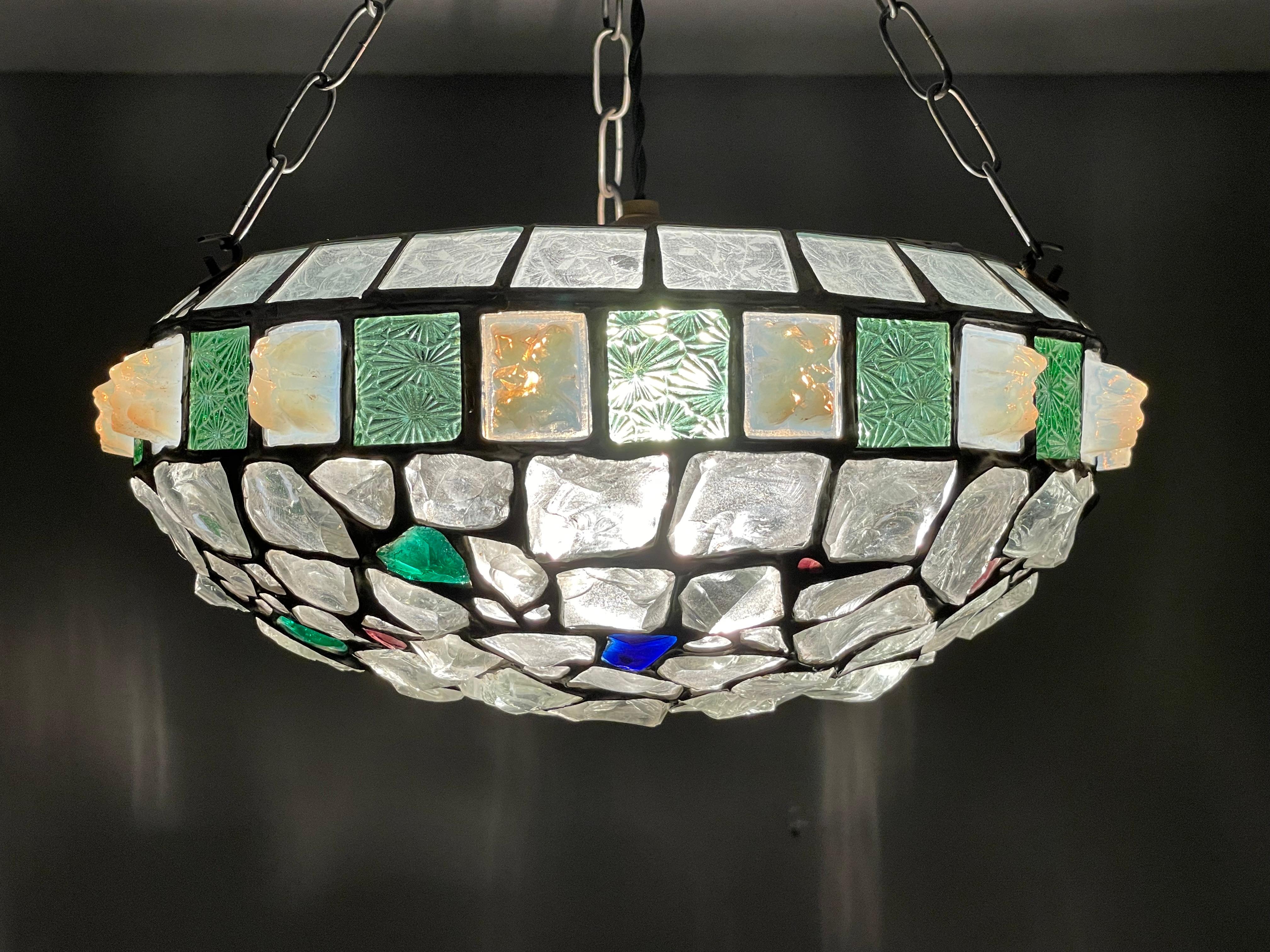 European Handmade Glorious Antique Stained & Chunky Glass Arts & Crafts Pendant Light For Sale