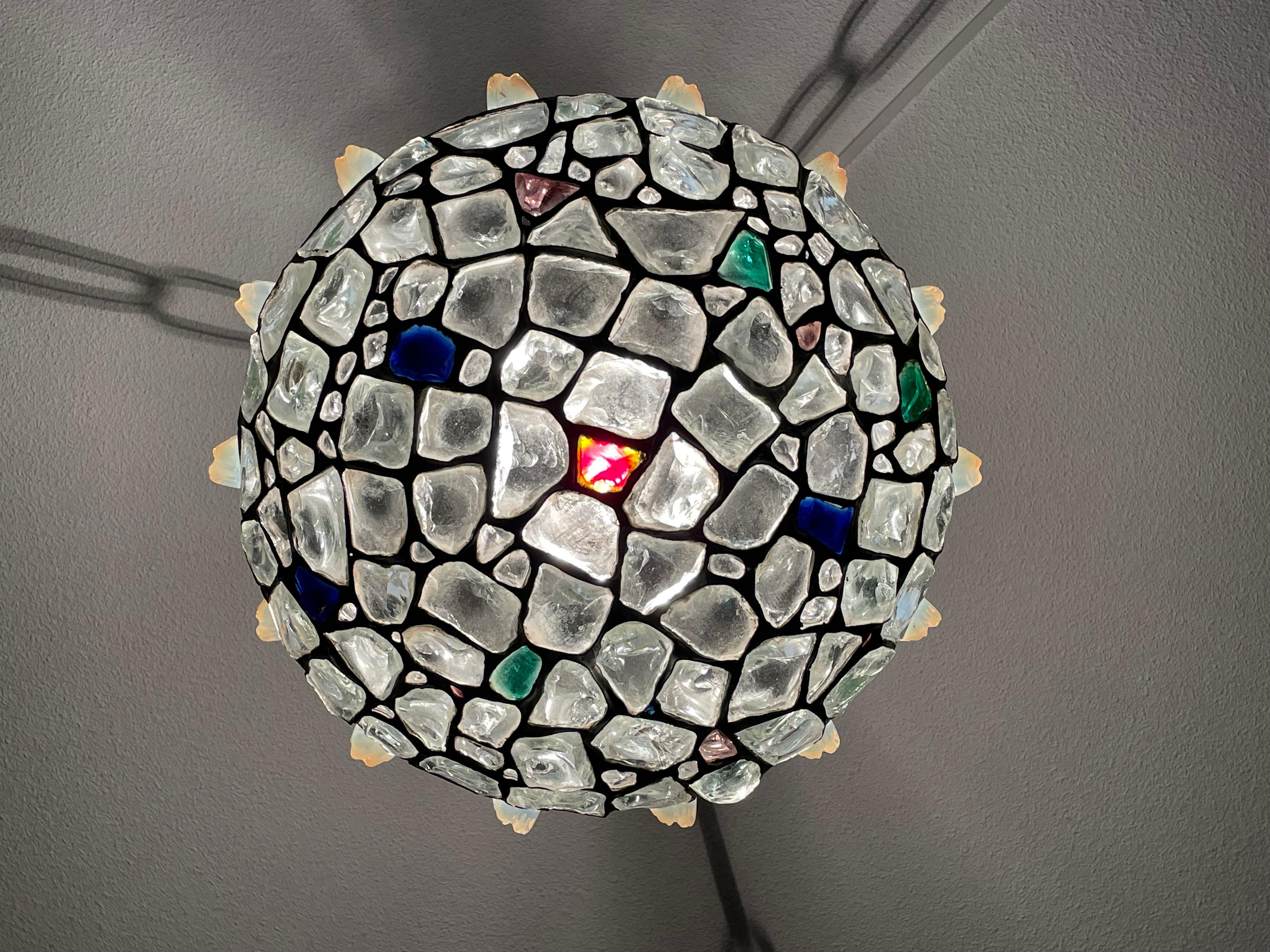 Inlay Handmade Glorious Antique Stained & Chunky Glass Arts & Crafts Pendant Light For Sale