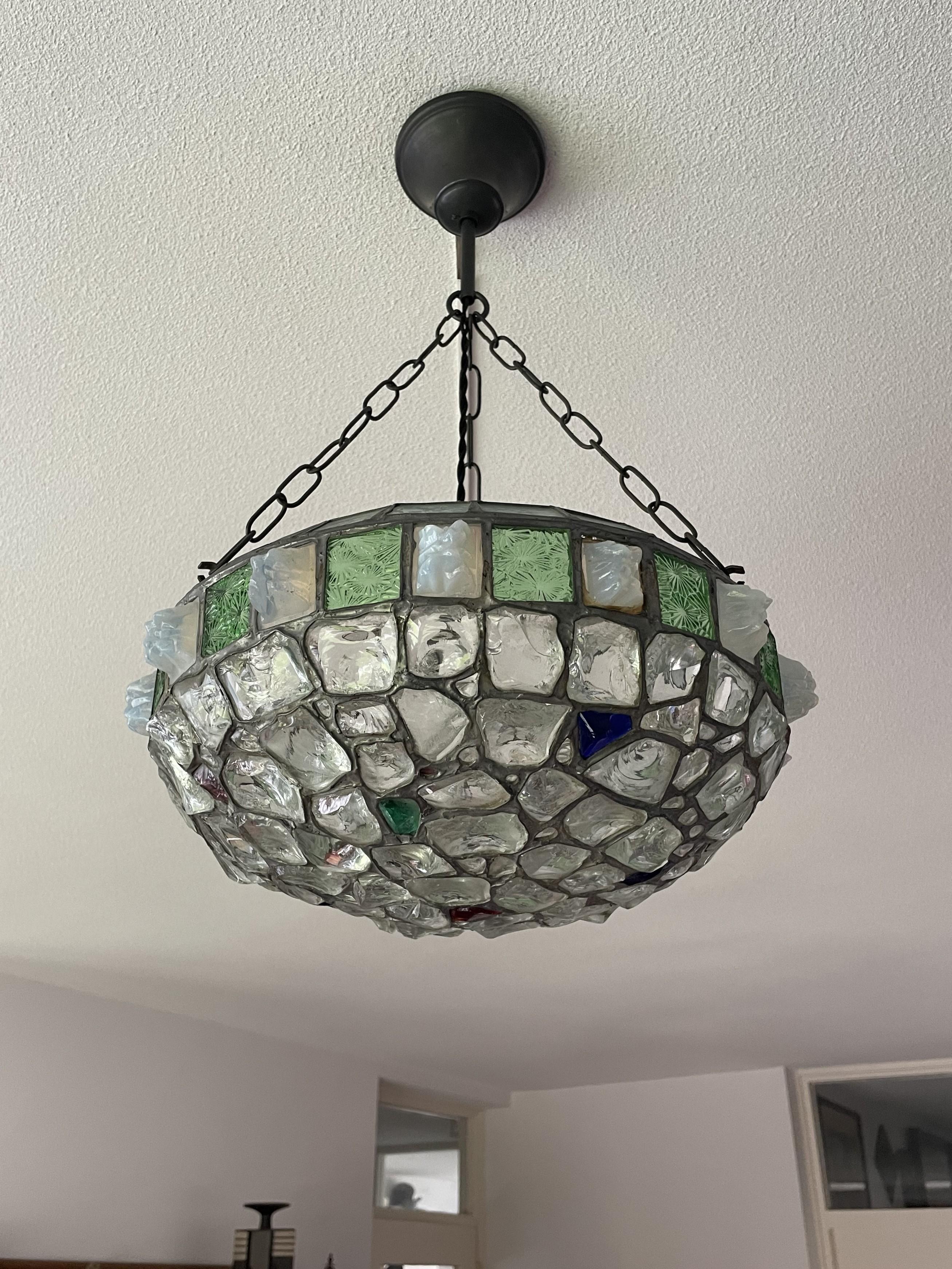 Handmade Glorious Antique Stained & Chunky Glass Arts & Crafts Pendant Light In Excellent Condition For Sale In Lisse, NL