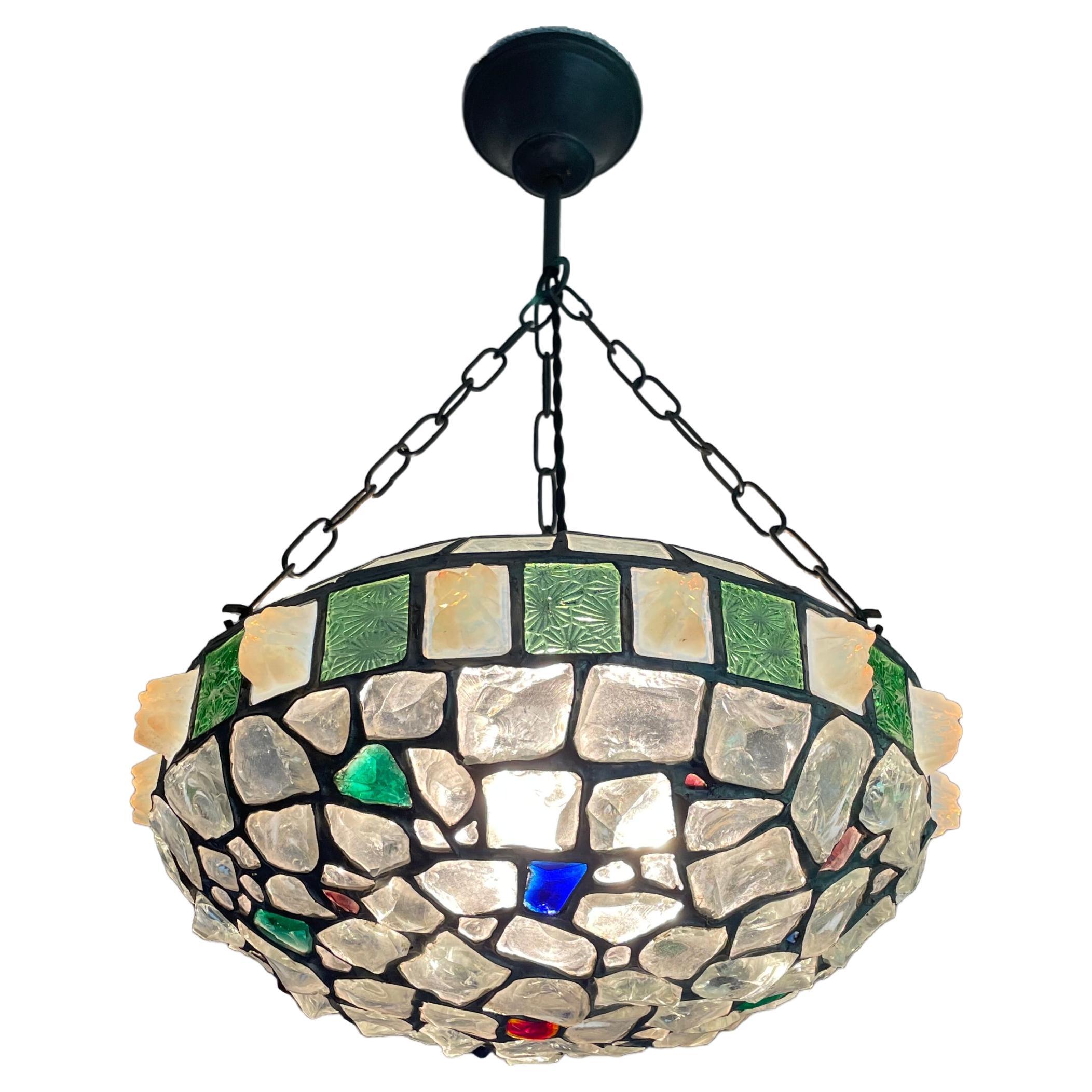 Handmade Glorious Antique Stained & Chunky Glass Arts & Crafts Pendant Light