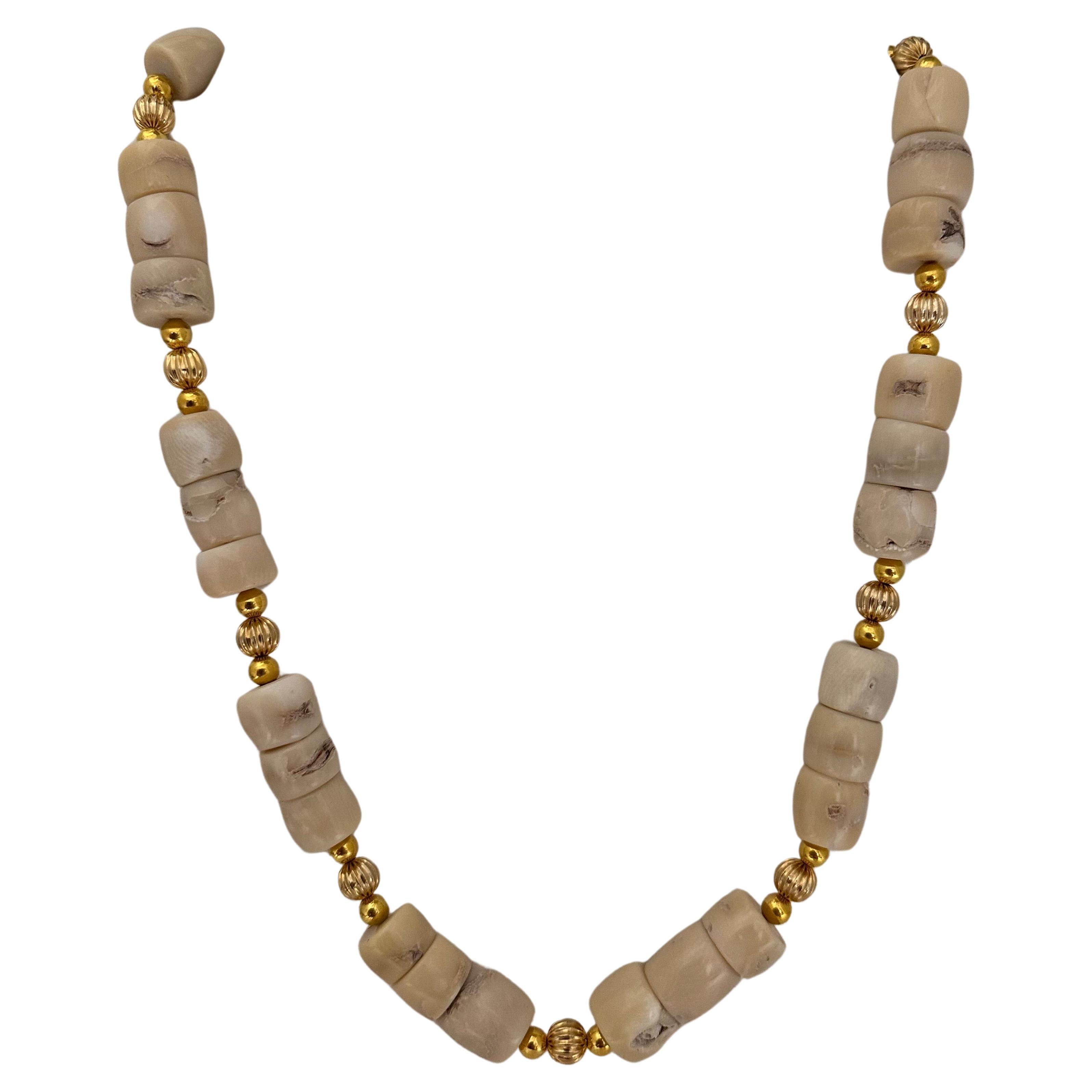 Handmade Gold and White Barrel Shape Coral Beaded 24" Necklace #C24 For Sale