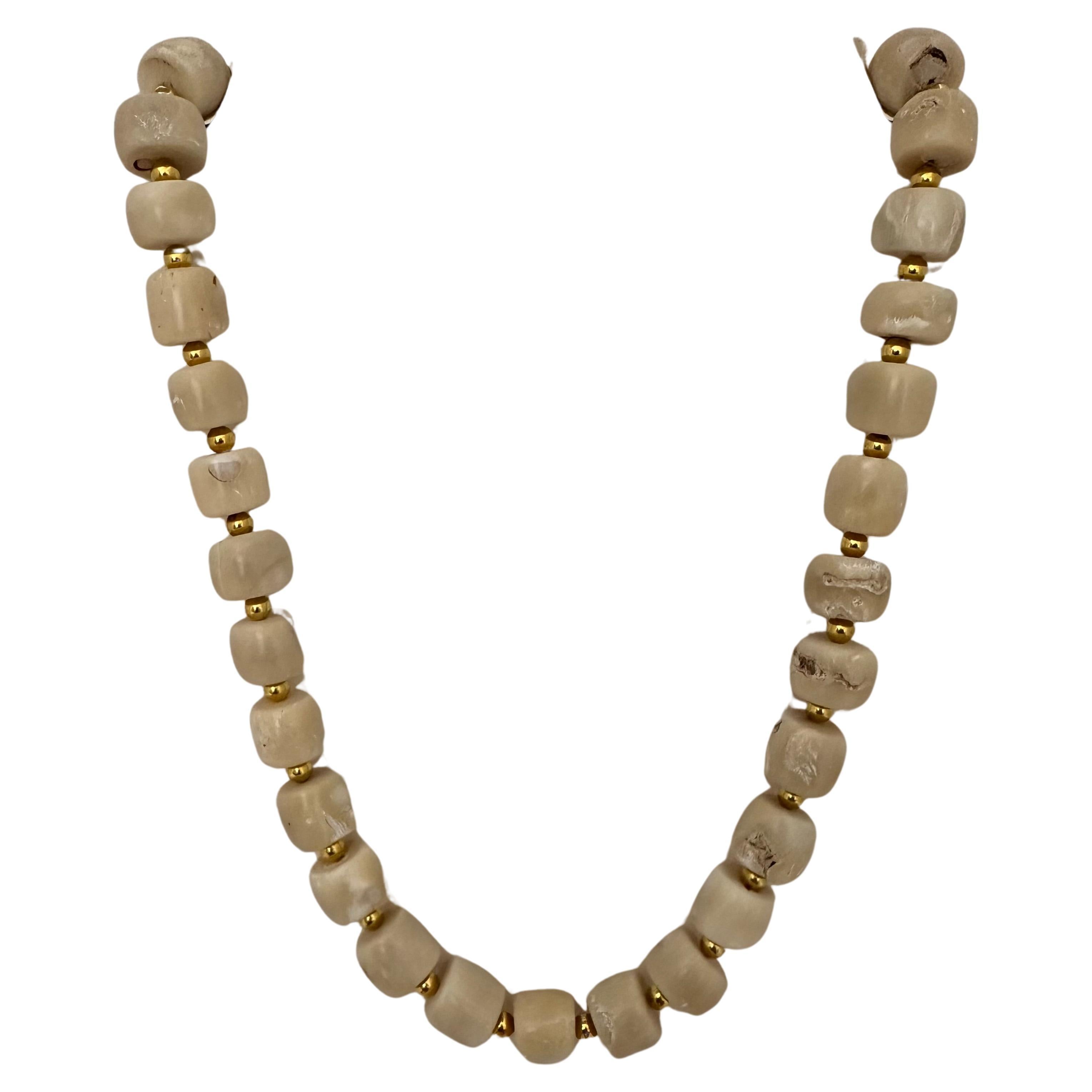 Handmade Gold and White Barrel Shape Coral Beaded 25" Necklace #C25 For Sale