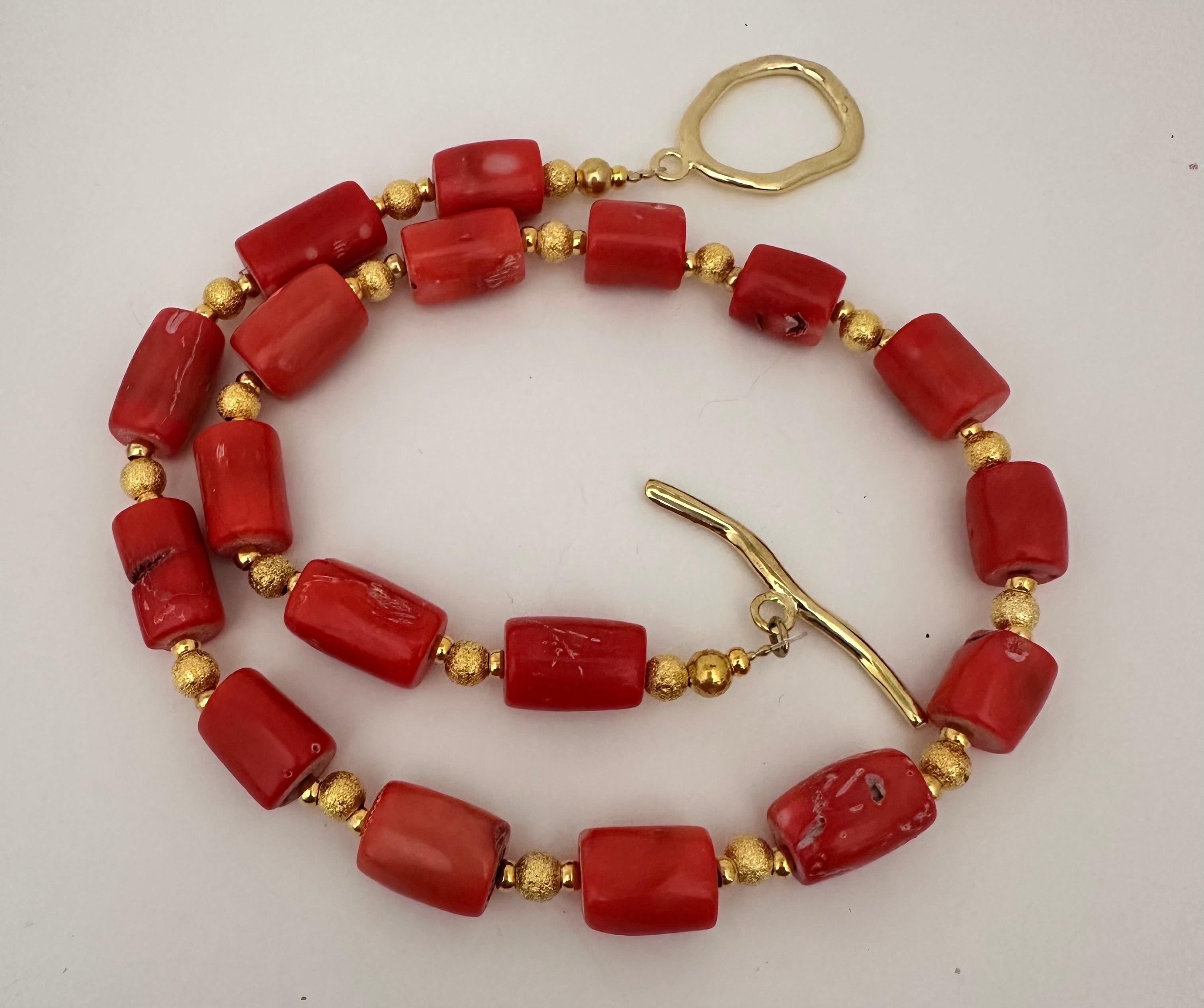 Artisan Handmade ~ Gold Beads & Salmon Barrel Shape Coral Beaded 22