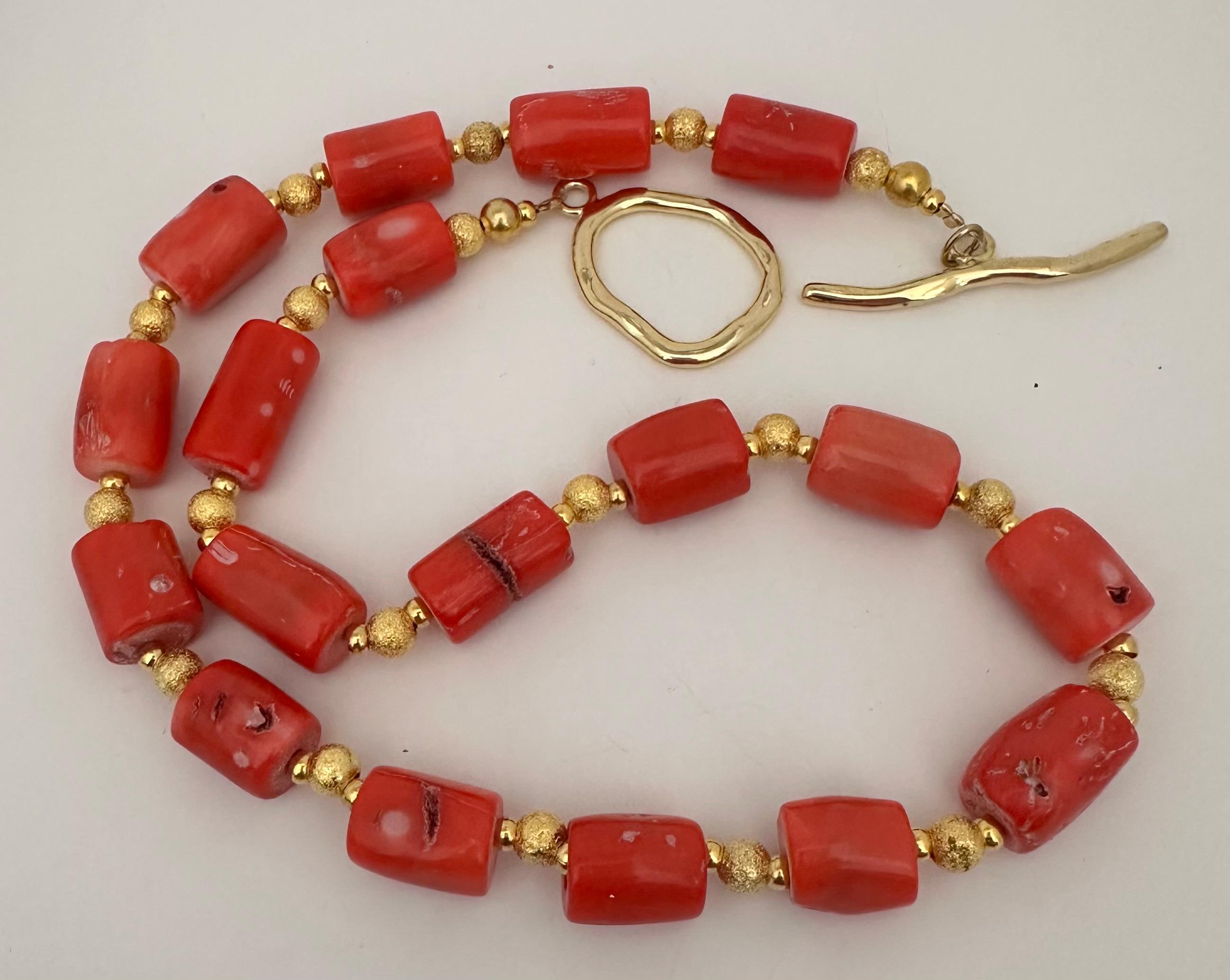 Handmade ~ Gold Beads & Salmon Barrel Shape Coral Beaded 22