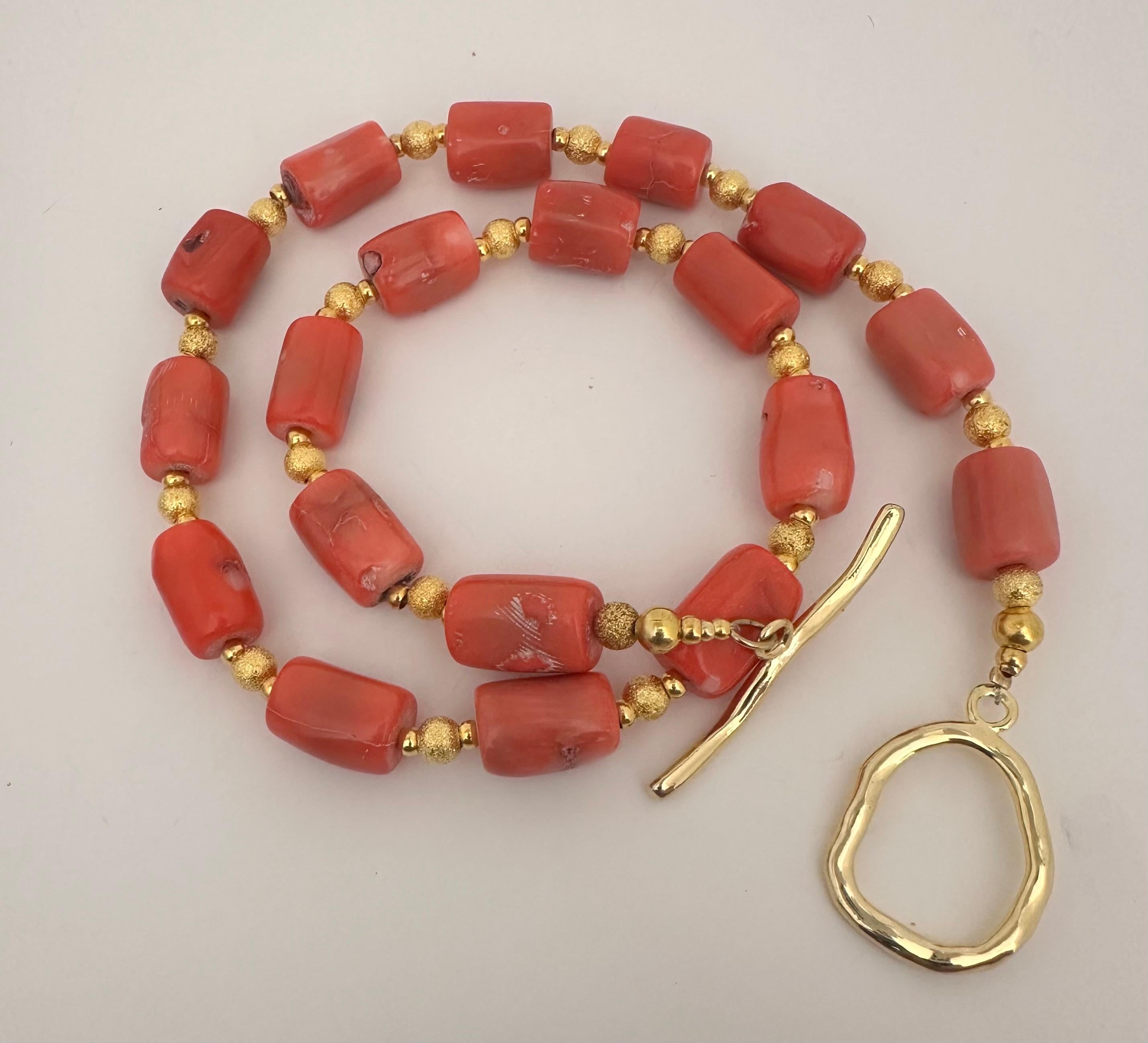 Handmade ~ Gold Beads & Salmon Barrel Shape Coral Beaded 23