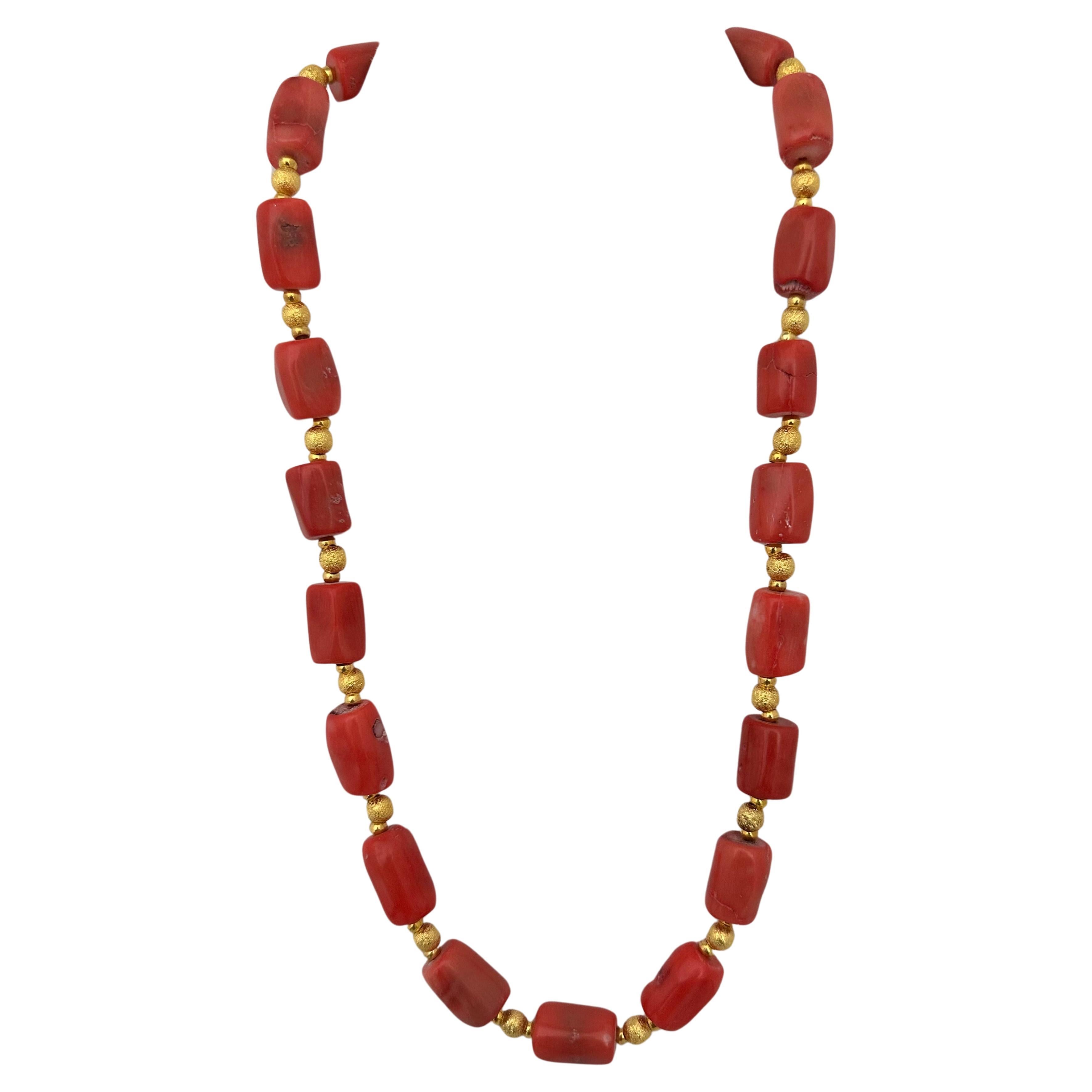 Handmade ~ Gold Beads & Salmon Barrel Shape Coral Beaded 23" Toggle Necklace C49 For Sale
