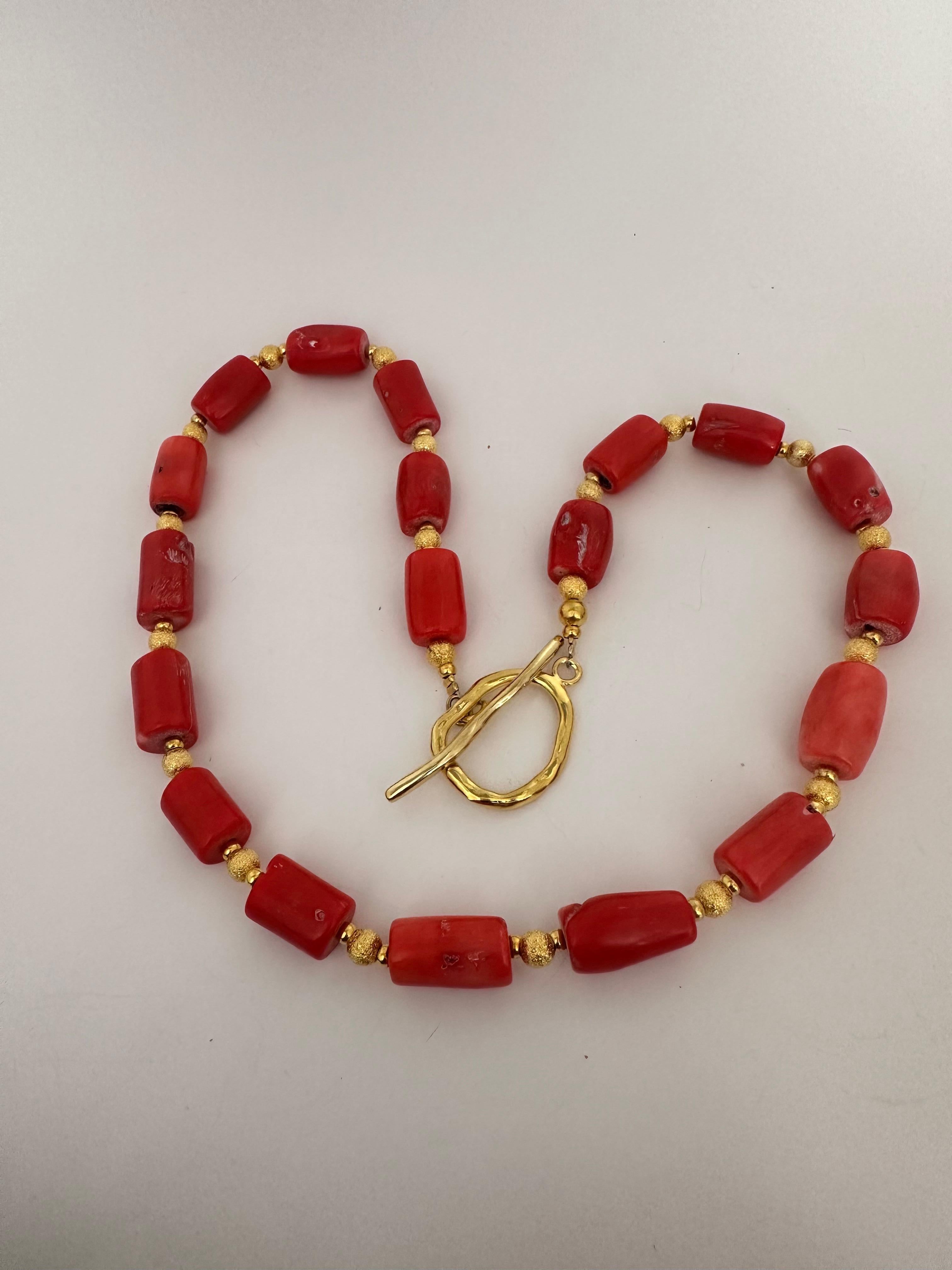 Handmade ~ Gold Beads & Salmon Barrel Shape Coral Beaded 24