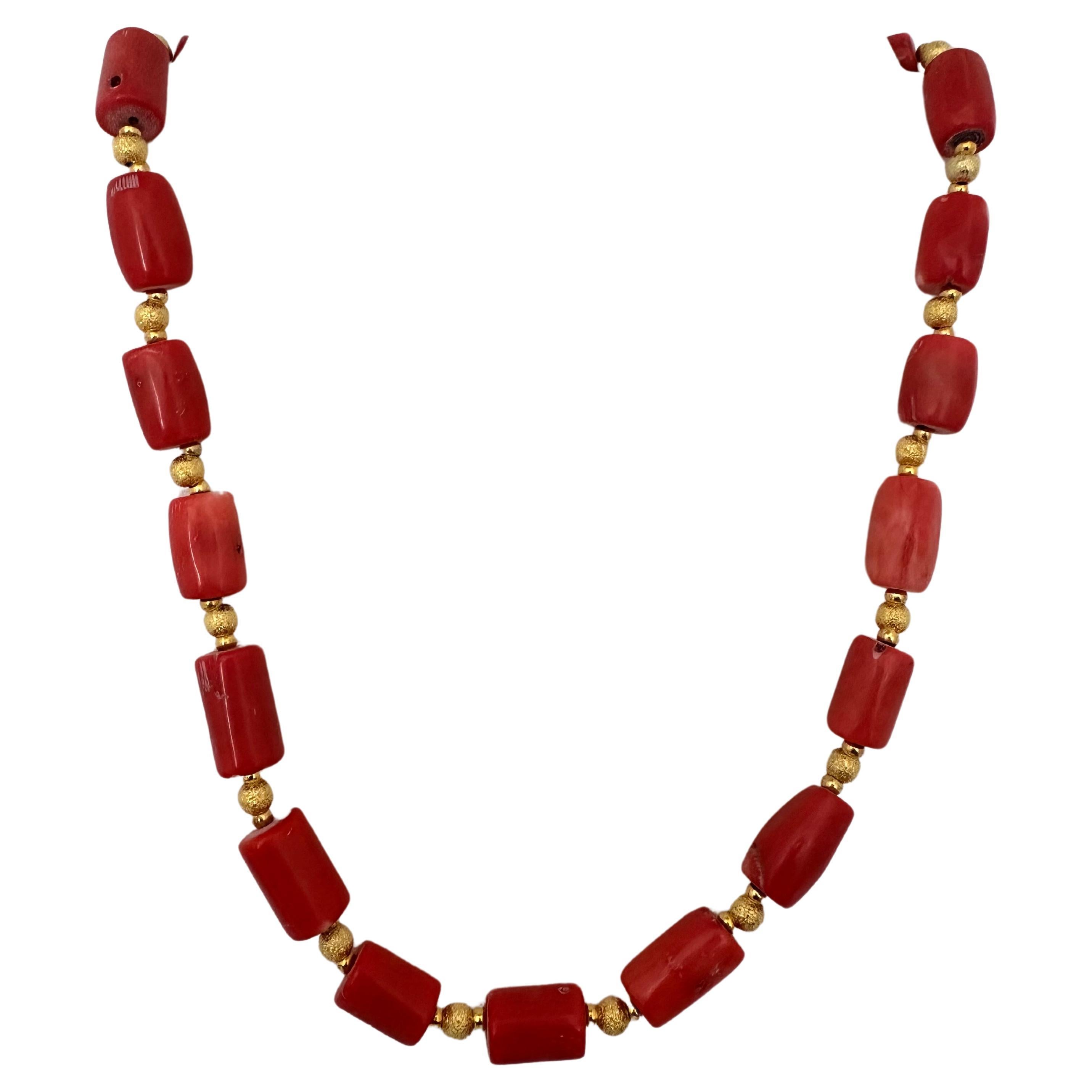 Handmade ~ Gold Beads & Salmon Barrel Shape Coral Beaded 24" Toggle Necklace C48 For Sale