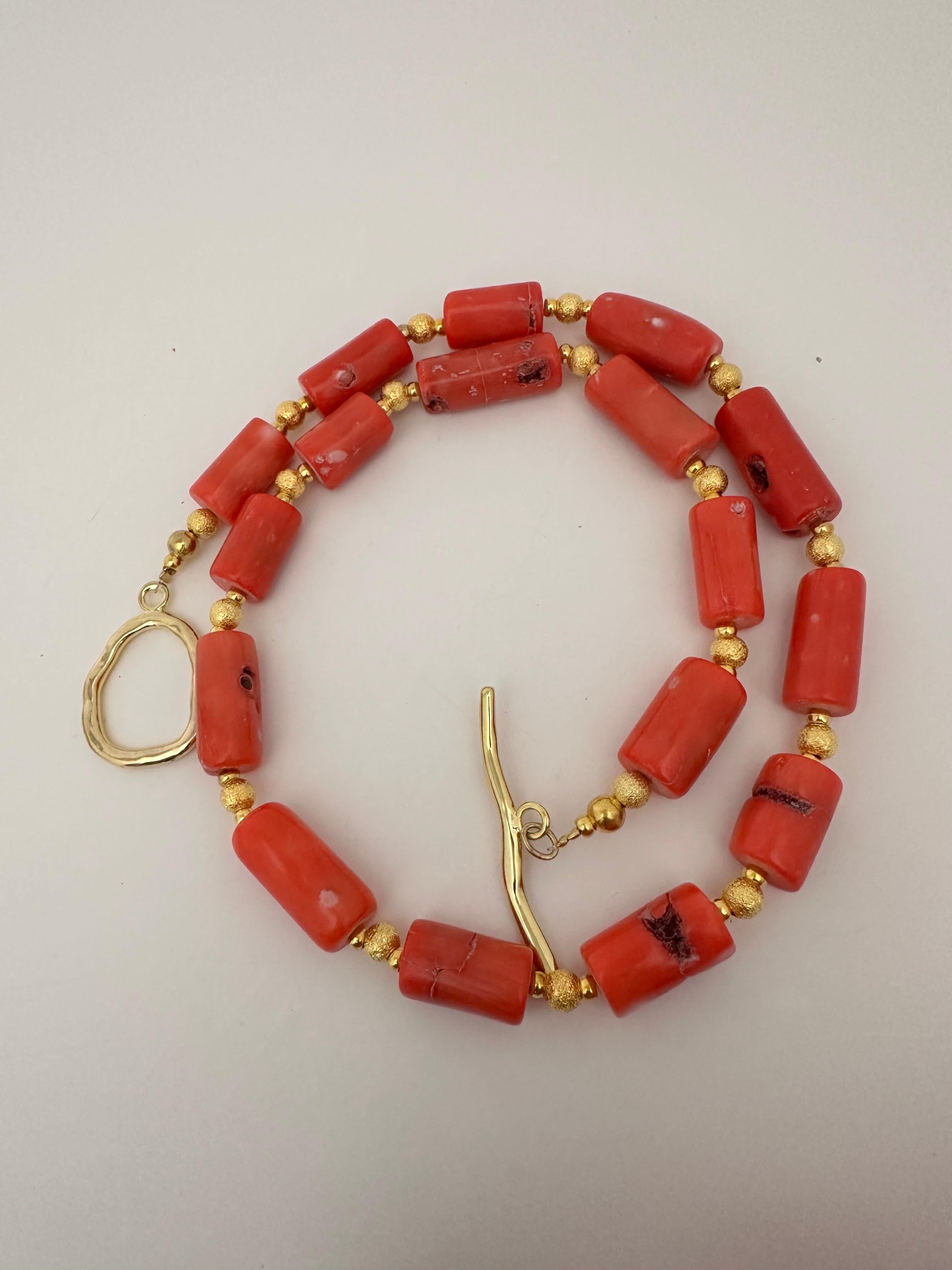 Handmade ~ Gold Beads & Salmon Barrel Shape Coral Beaded 24