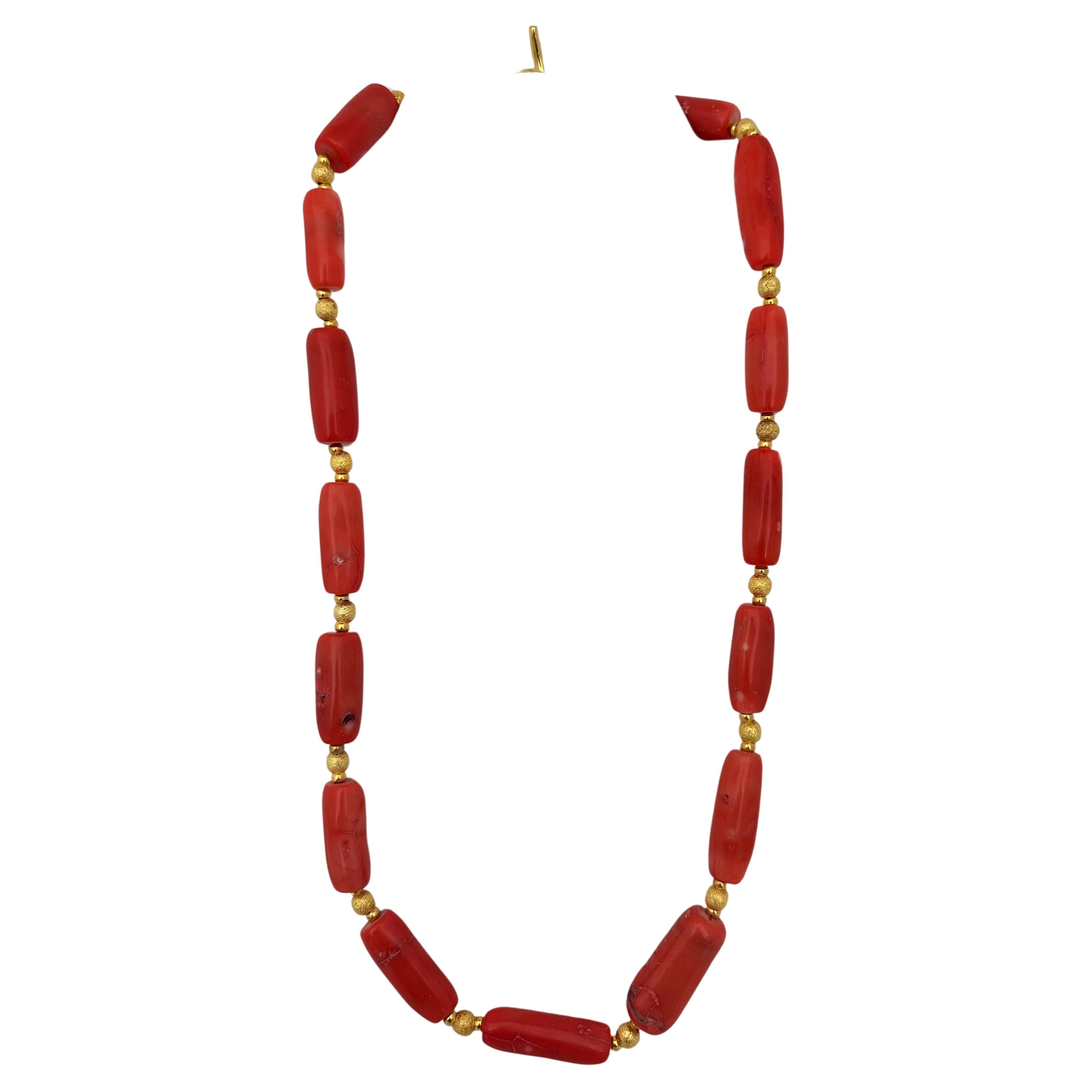 Handmade  Gold Beads & Salmon Barrel Shape Coral Beaded 26" Toggle Necklace #C46 For Sale