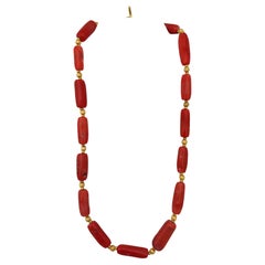 Handmade  Gold Beads & Salmon Barrel Shape Coral Beaded 26" Toggle Necklace #C46