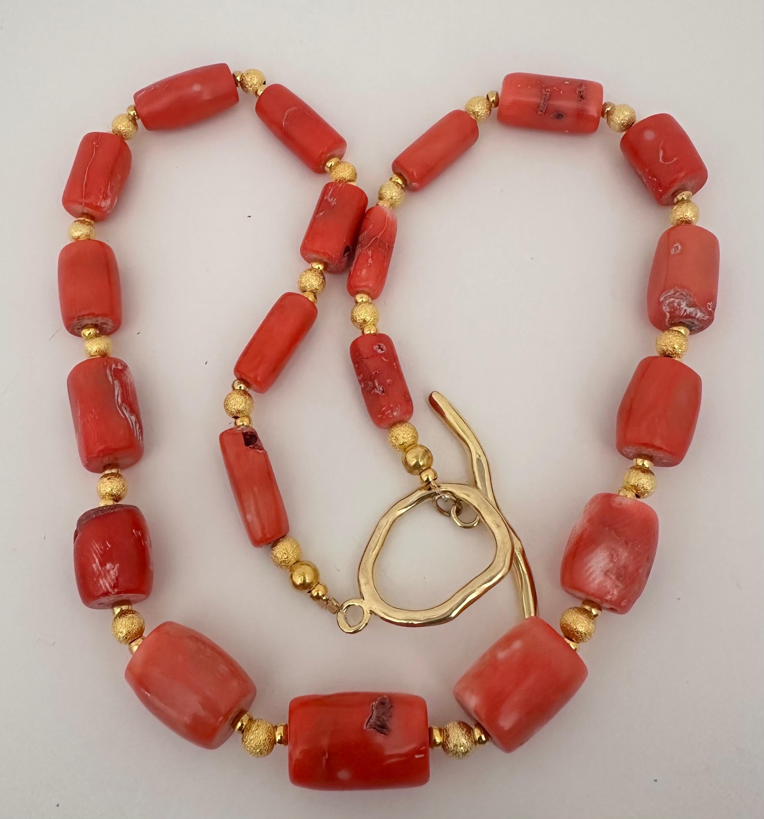 Artisan Handmade ~ Gold Beads & Salmon Barrel Shape Coral Beaded 26