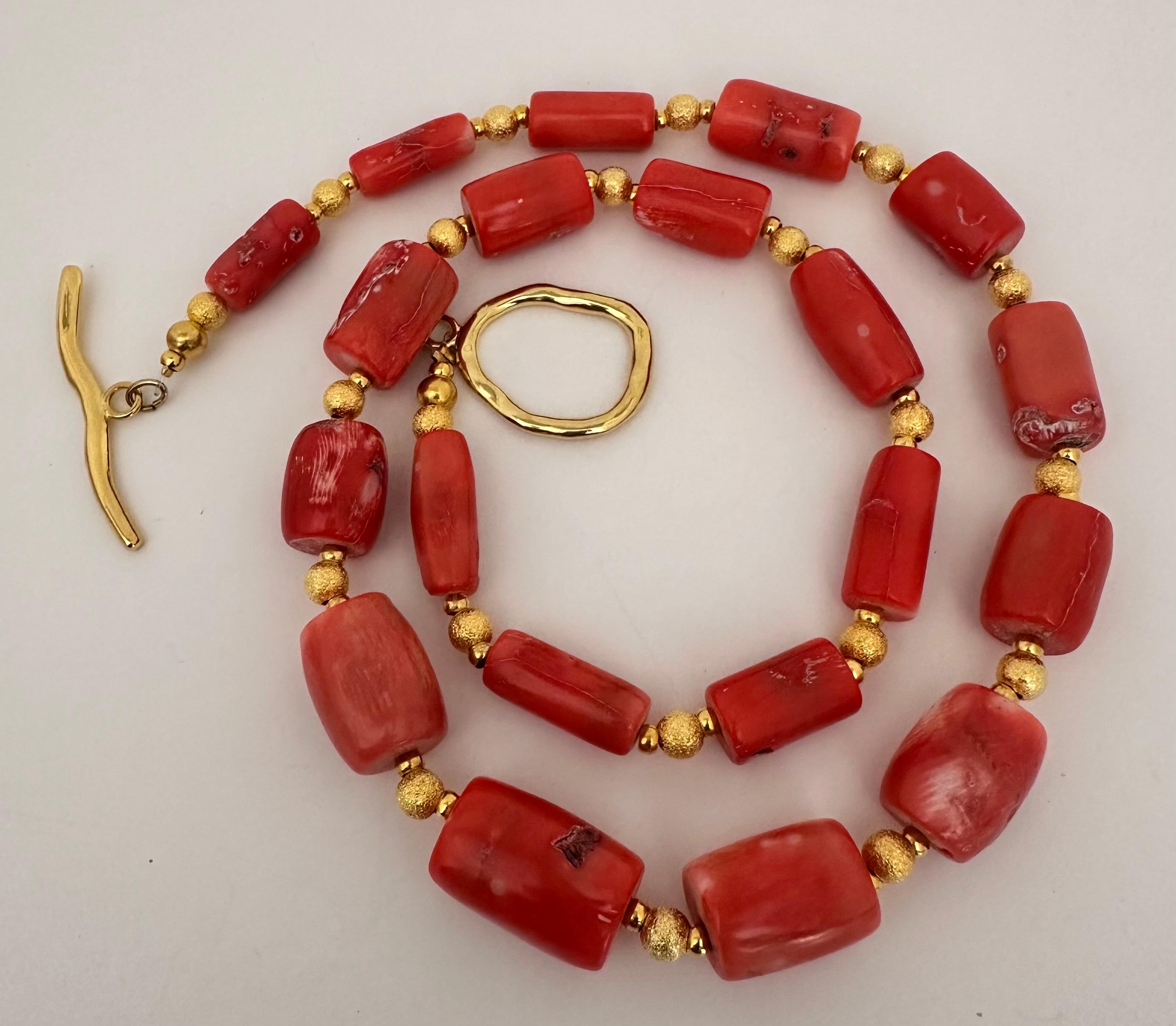 Handmade ~ Gold Beads & Salmon Barrel Shape Coral Beaded 26