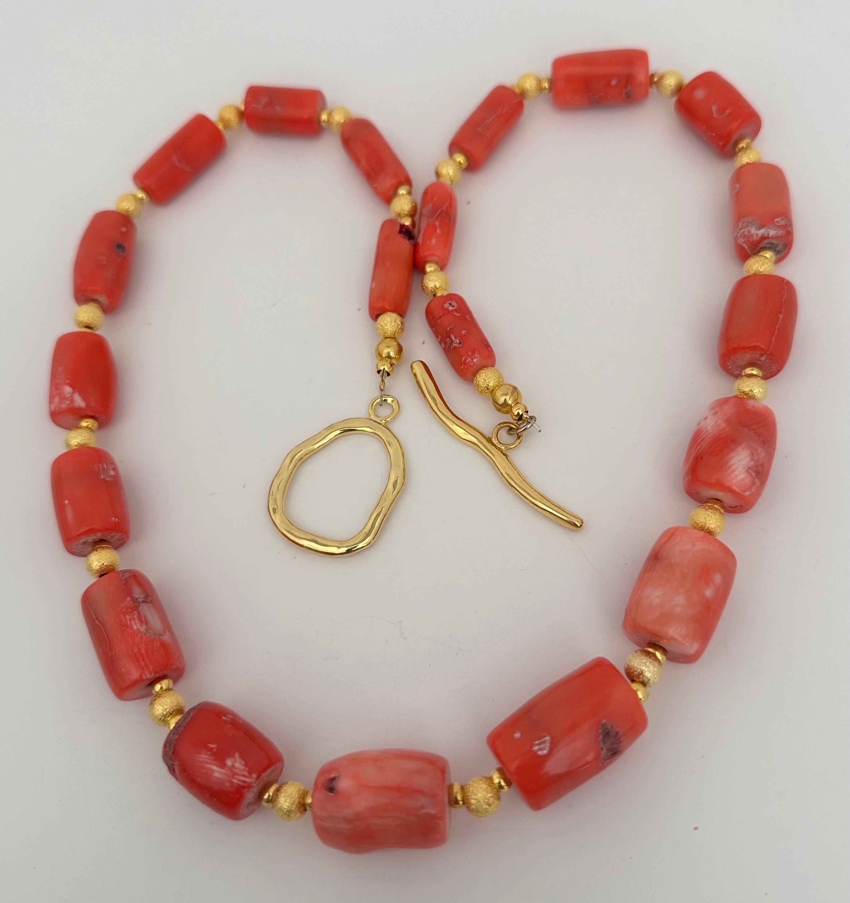 Handmade ~ Gold Beads & Salmon Barrel Shape Coral Beaded 26