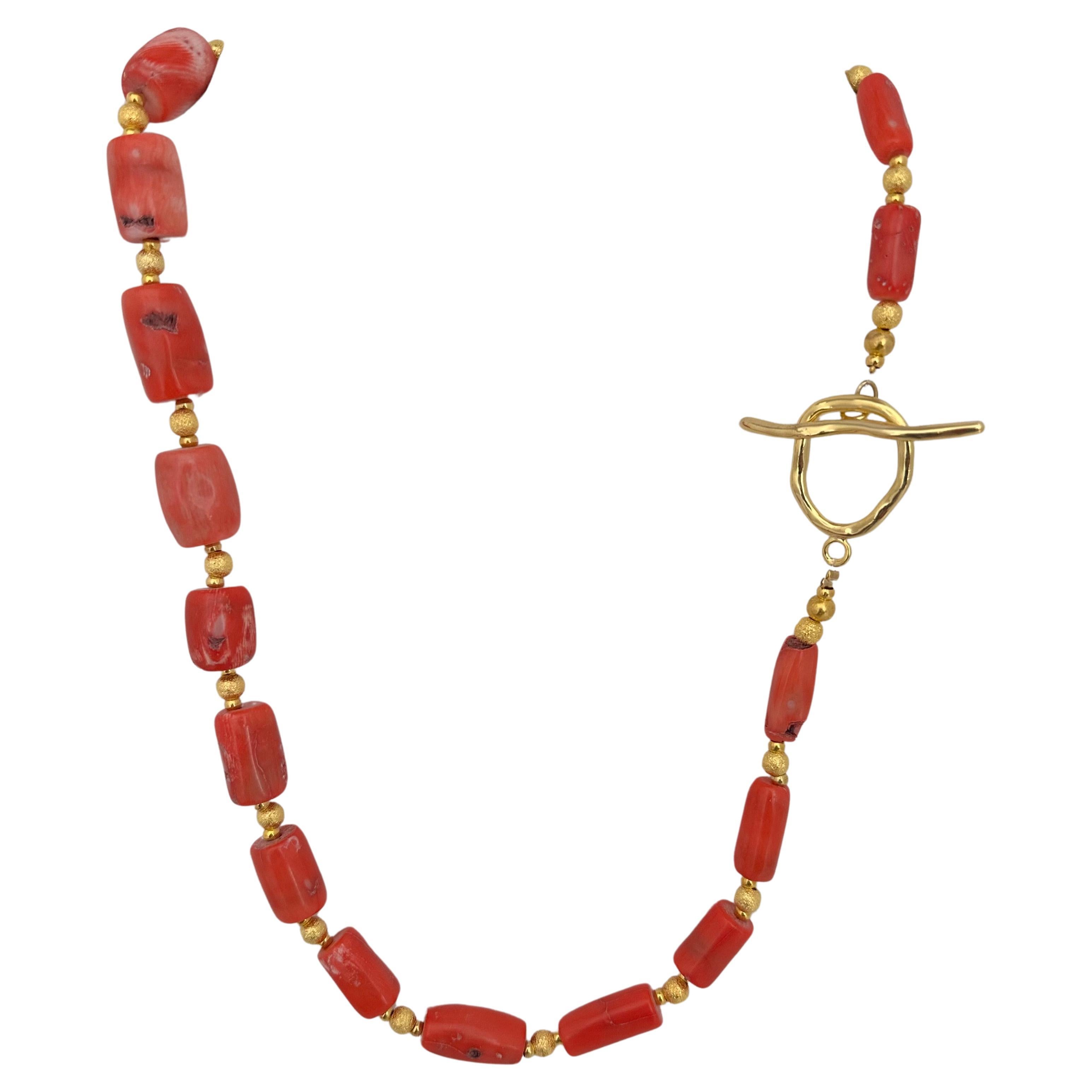 Handmade ~ Gold Beads & Salmon Barrel Shape Coral Beaded 26" Toggle Necklace C51 For Sale