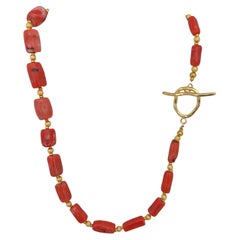 Handgefertigte ~ Goldperlen & Lachs Barrel Form Koralle Perlen 26" Toggle Halskette C51