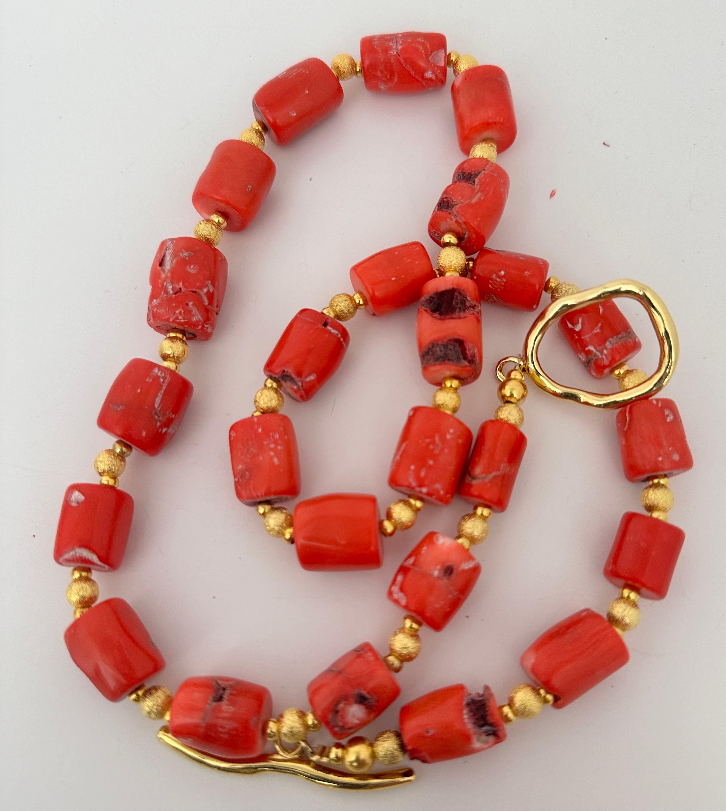 Handmade ~ Gold Beads & Salmon Barrel Shape Coral Beaded 28
