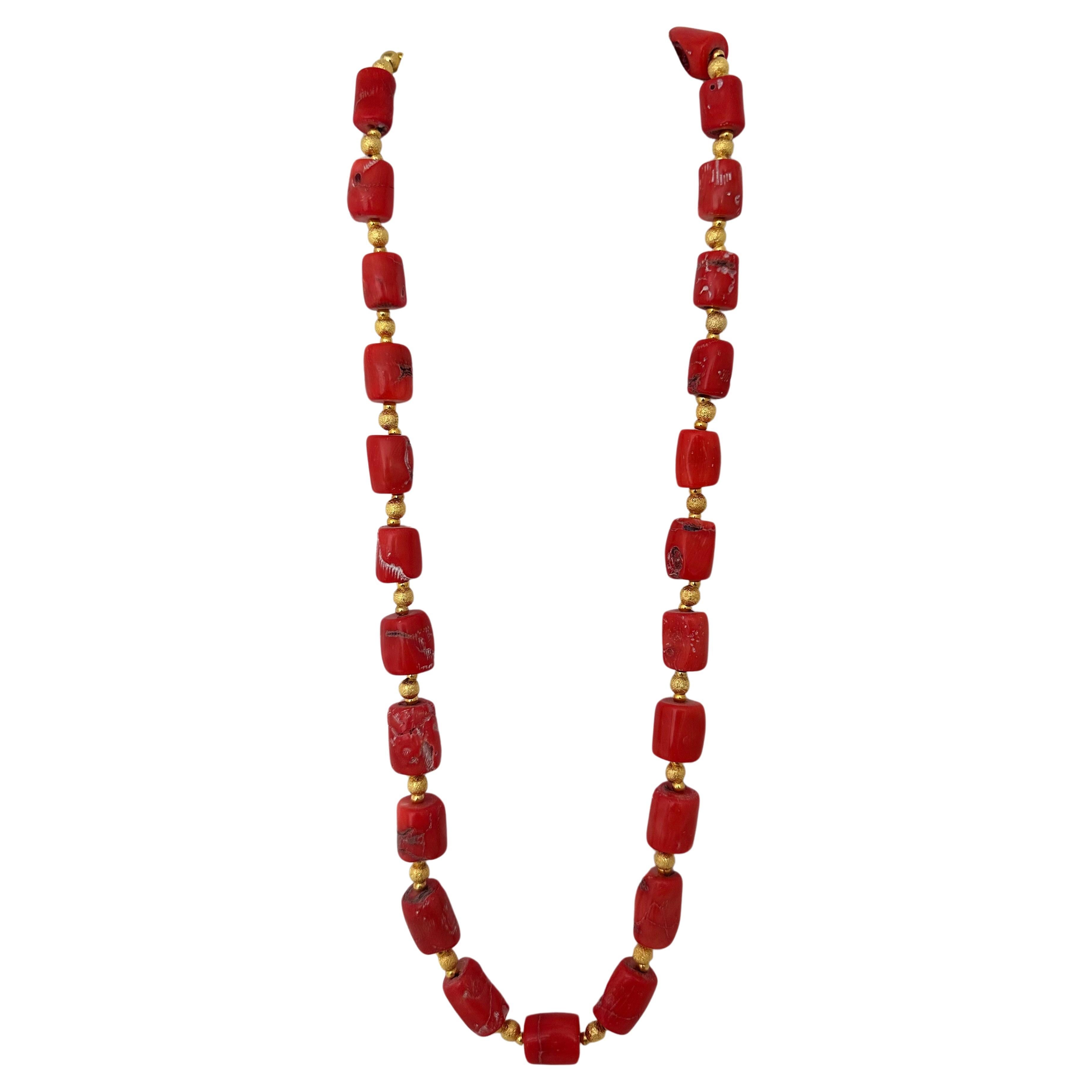 Handmade ~ Gold Beads & Salmon Barrel Shape Coral Beaded 28" Toggle Necklace C50 For Sale