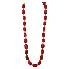 Handmade ~ Gold Beads & Salmon Barrel Shape Coral Beaded 28" Toggle Necklace C50