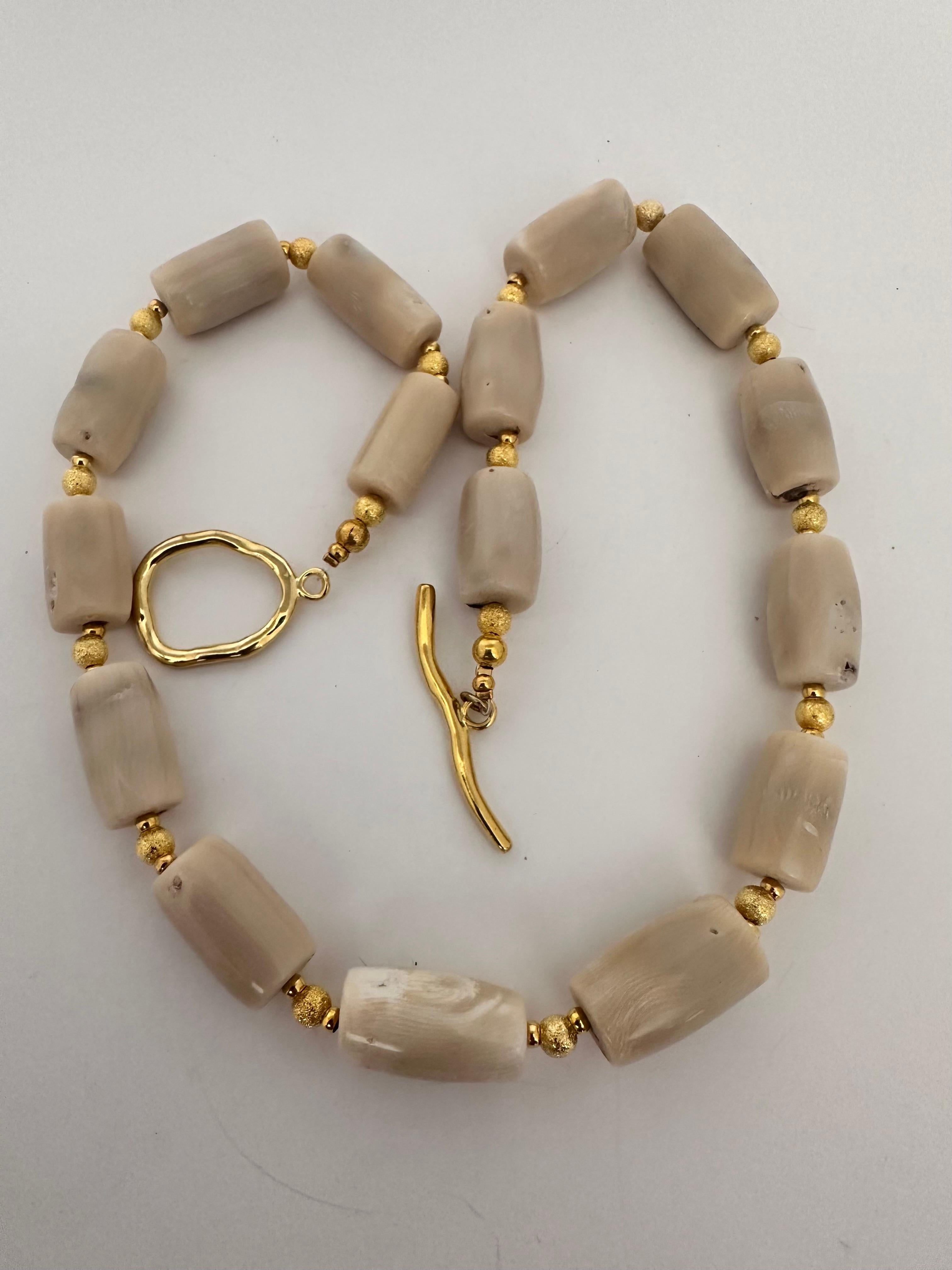 Artisan Handmade ~ Gold Beads & White/Beige Coral Barrel Shaped Beaded 27