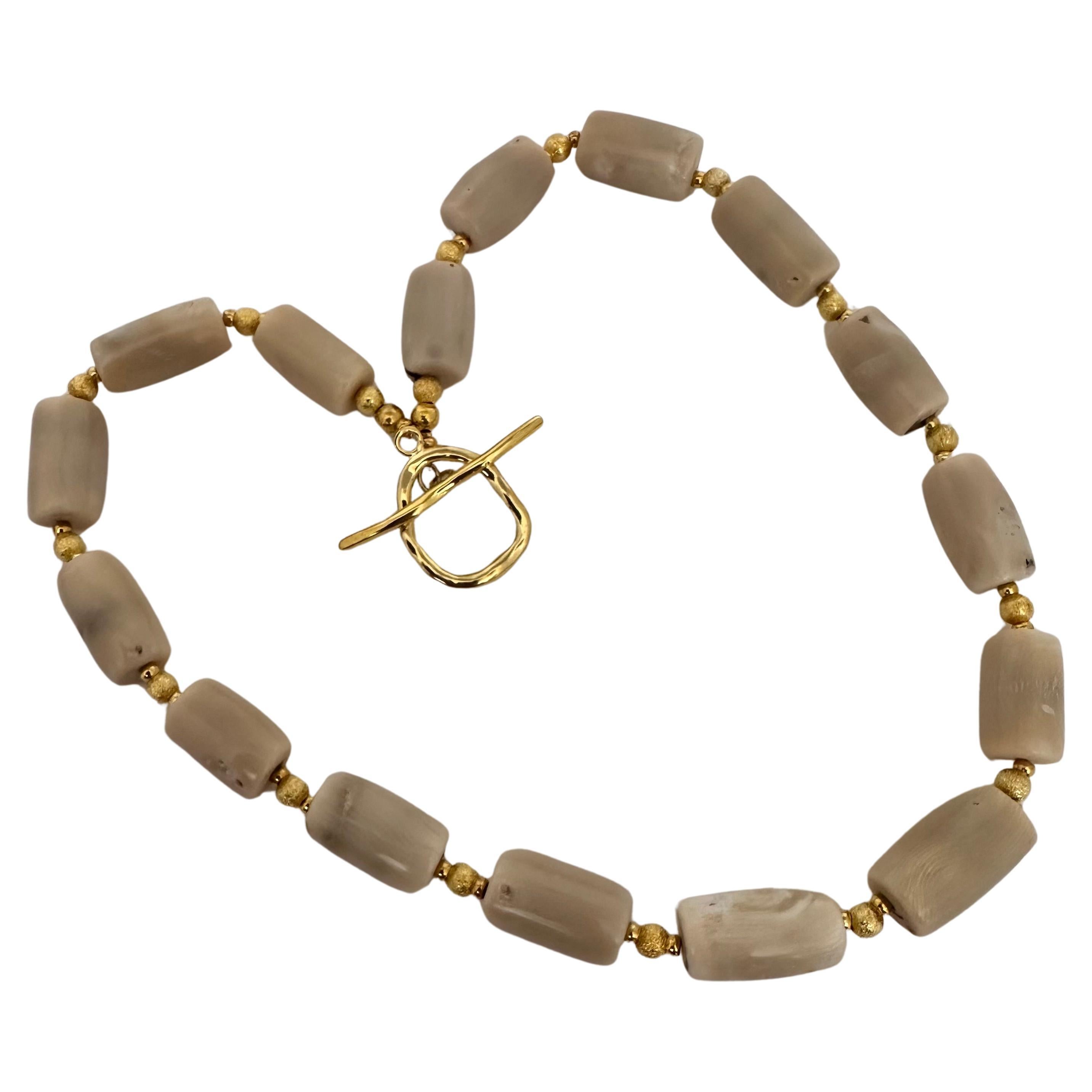 Handmade ~ Gold Beads & White/Beige Coral Barrel Shaped Beaded 27" Necklace C44 For Sale