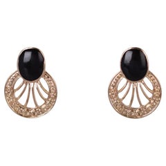 Handmade Gold Black Enamel Oval Openwork Circle Round Fan Retro Elegant Earrings