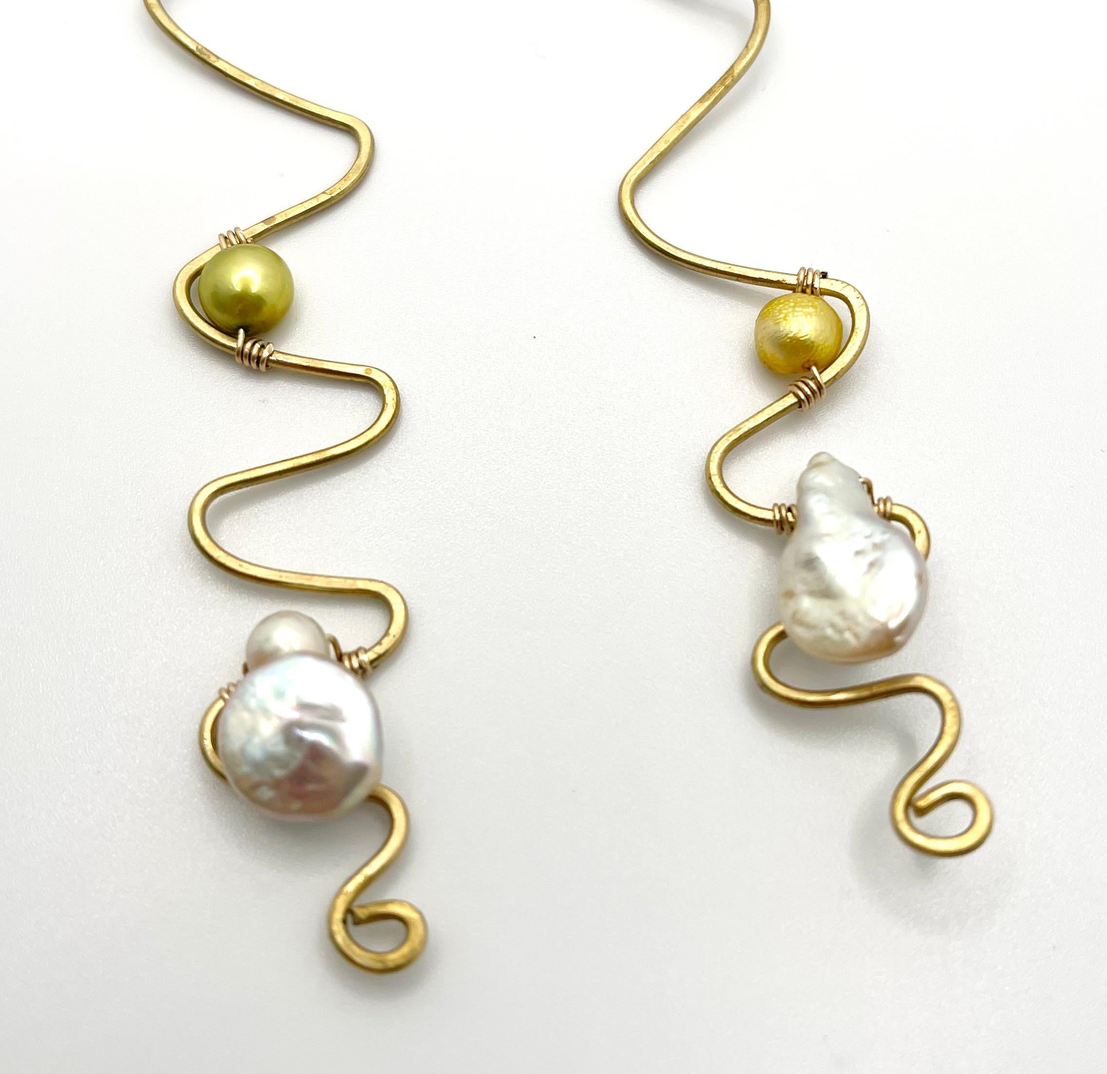 Artist Handmade Freshwater Pearls Wavy Fleur Earrings by Sidney Cherie Studio For Sale