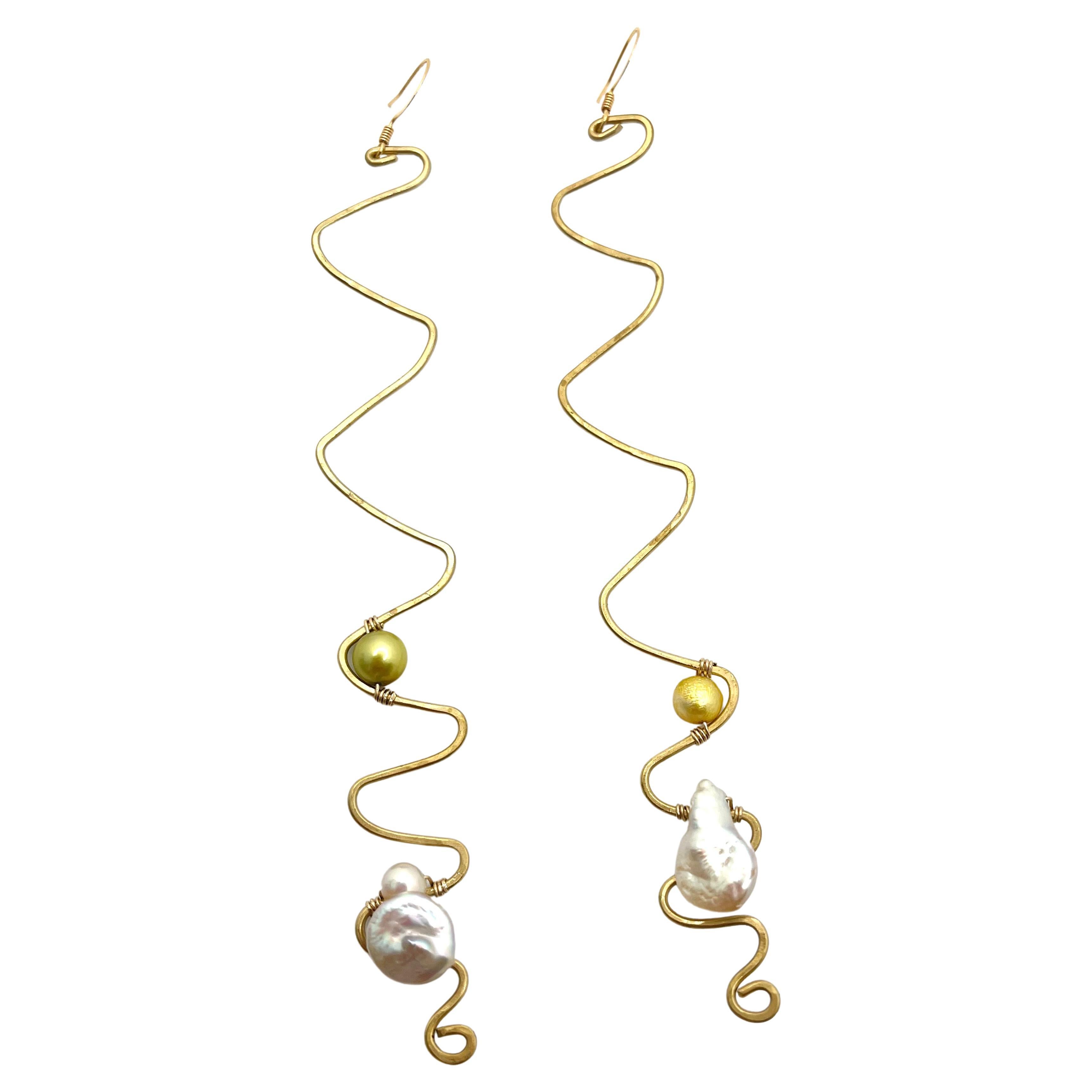Handmade Freshwater Pearls Wavy Fleur Earrings by Sidney Cherie Studio For Sale