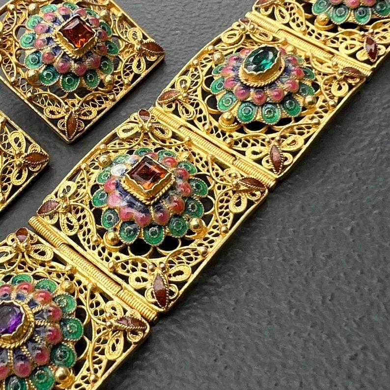 Handgefertigtes Gold vergoldetes Silber Emaille-Armband Ohrringe Orientalisch im Angebot 5