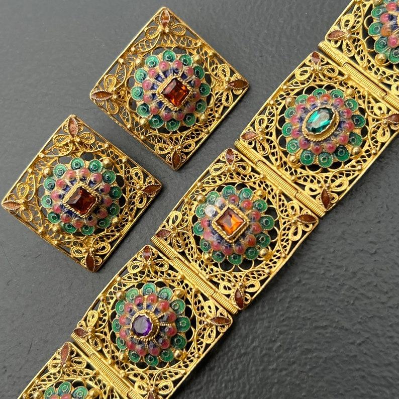 Handgefertigtes Gold vergoldetes Silber Emaille-Armband Ohrringe Orientalisch im Angebot 6