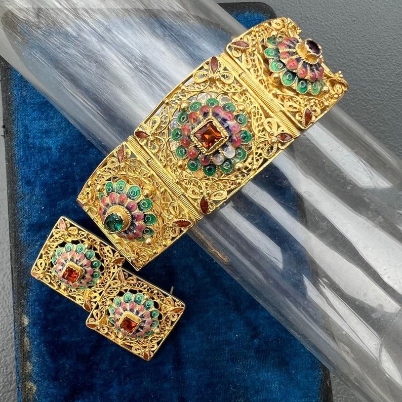 Handgefertigtes Gold vergoldetes Silber Emaille-Armband Ohrringe Orientalisch Damen im Angebot