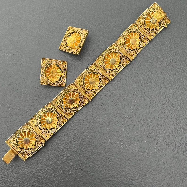 Handgefertigtes Gold vergoldetes Silber Emaille-Armband Ohrringe Orientalisch im Angebot 1
