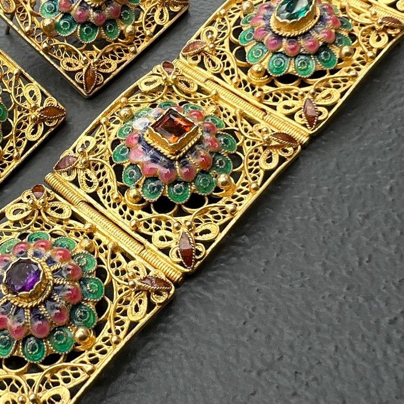 Handgefertigtes Gold vergoldetes Silber Emaille-Armband Ohrringe Orientalisch im Angebot 4