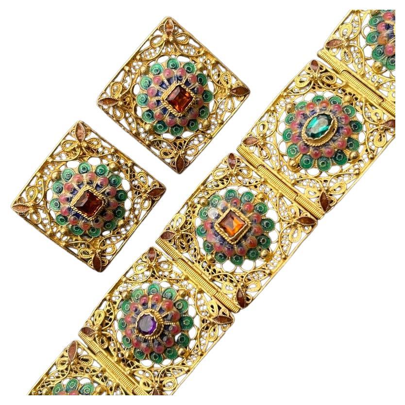 Handmade Gold Gilt Silver Enamel Bracelet Earrings Oriental