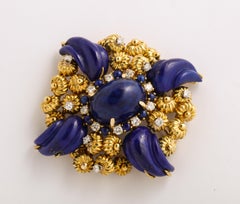 Handmade Gold Pin with Carved Lapis and Diamonds