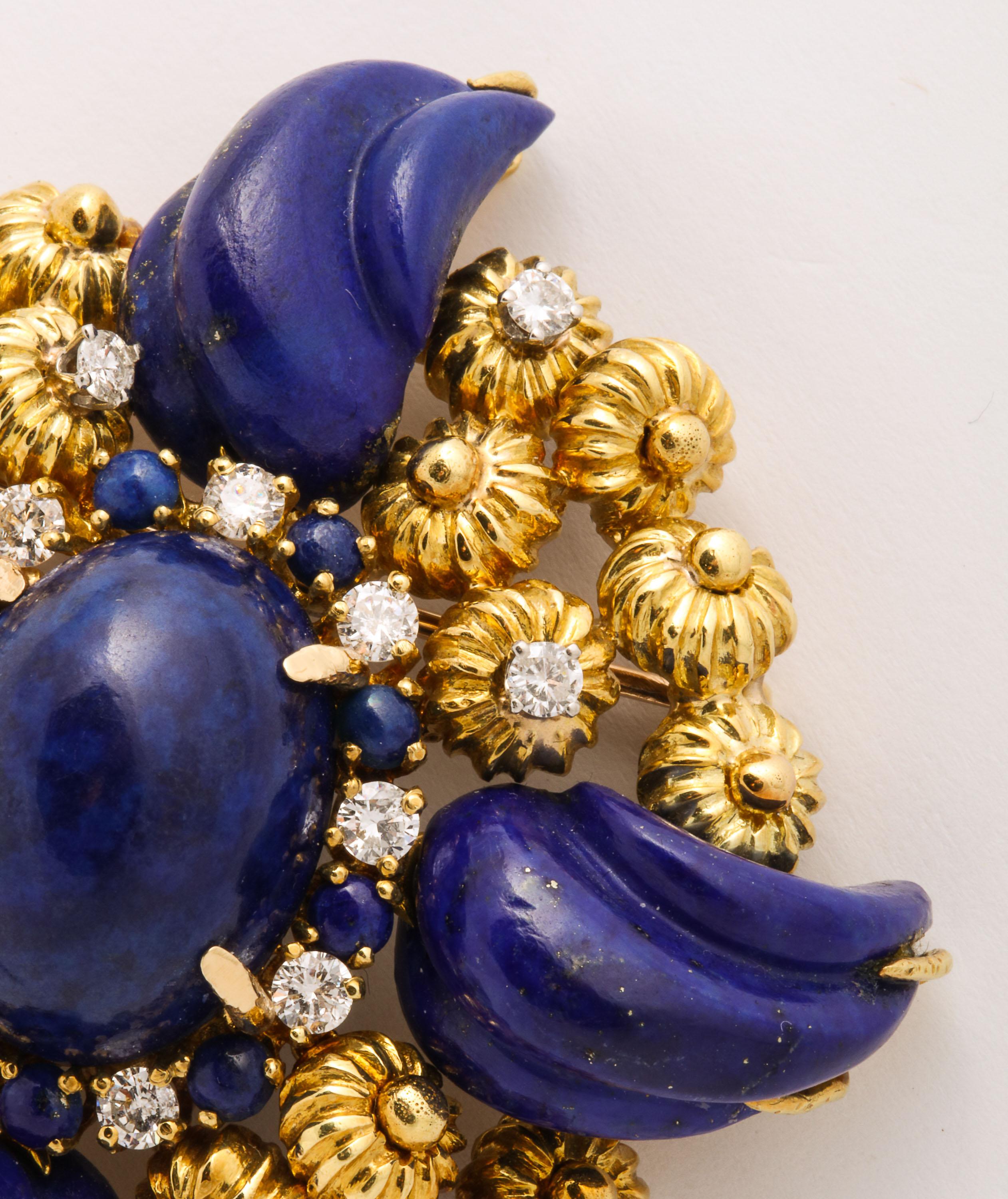 Handmade Gold Pin with Carved Lapis and Diamonds In Excellent Condition For Sale In New York, NY