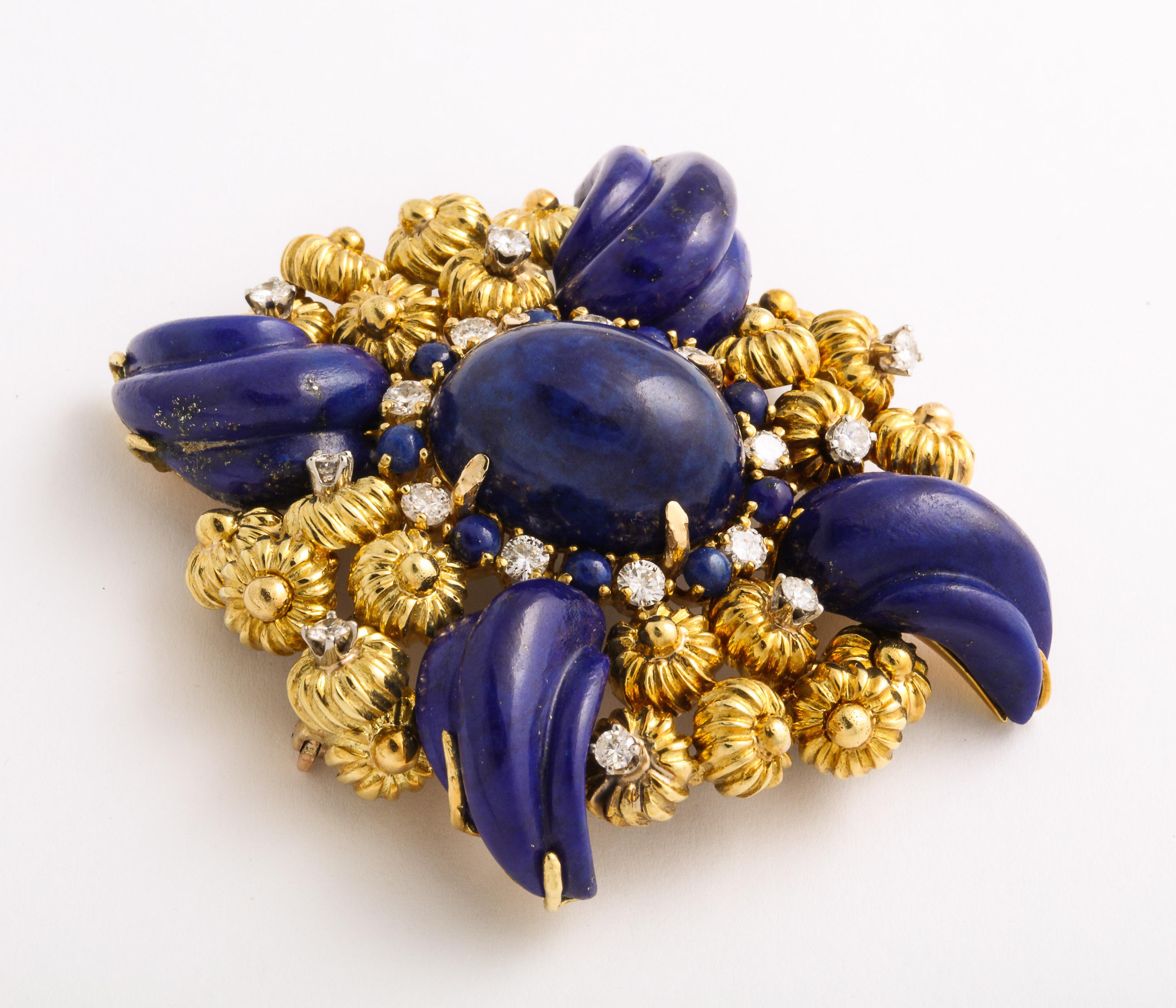 Handmade Gold Pin with Carved Lapis and Diamonds For Sale 1