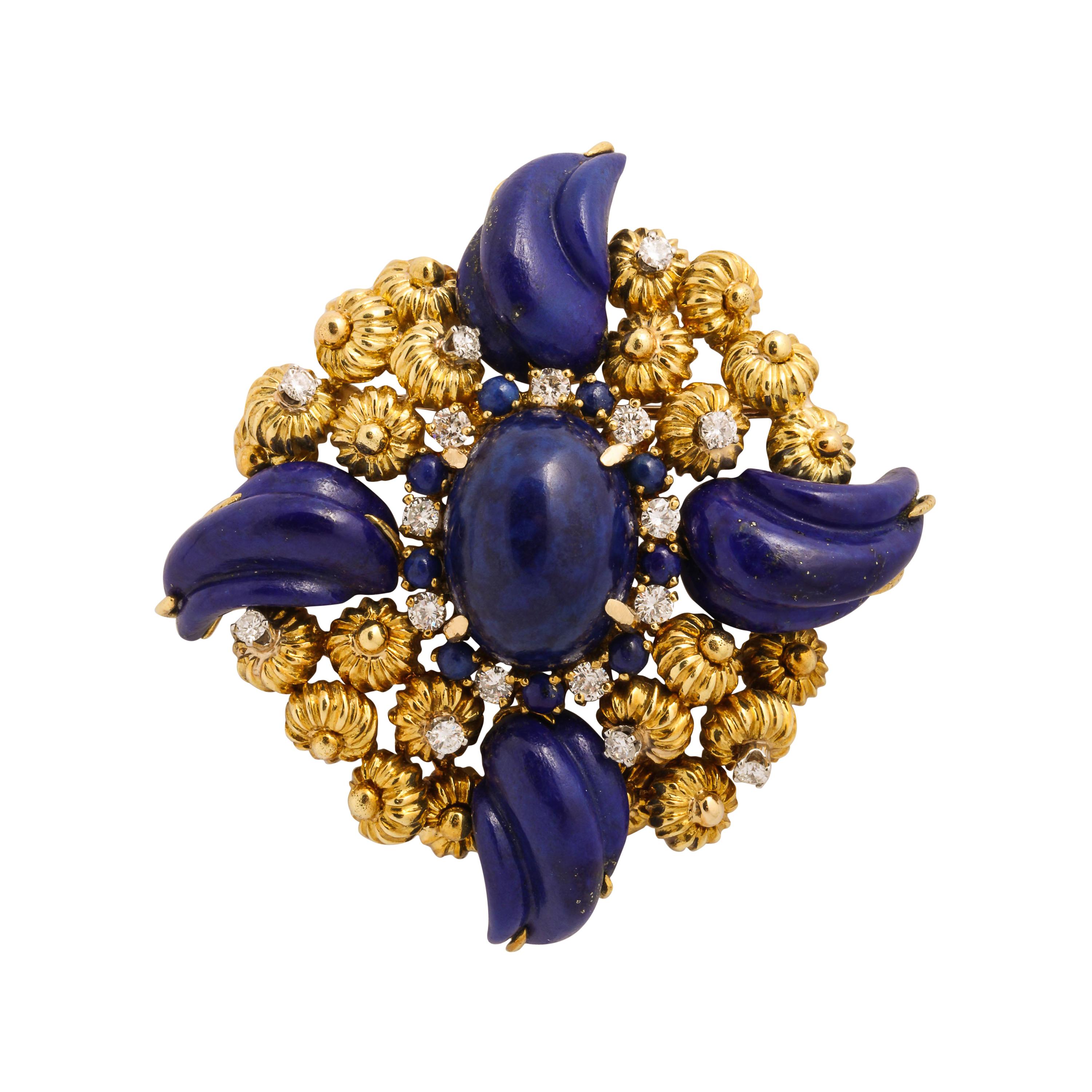 Handmade Gold Pin with Carved Lapis and Diamonds For Sale