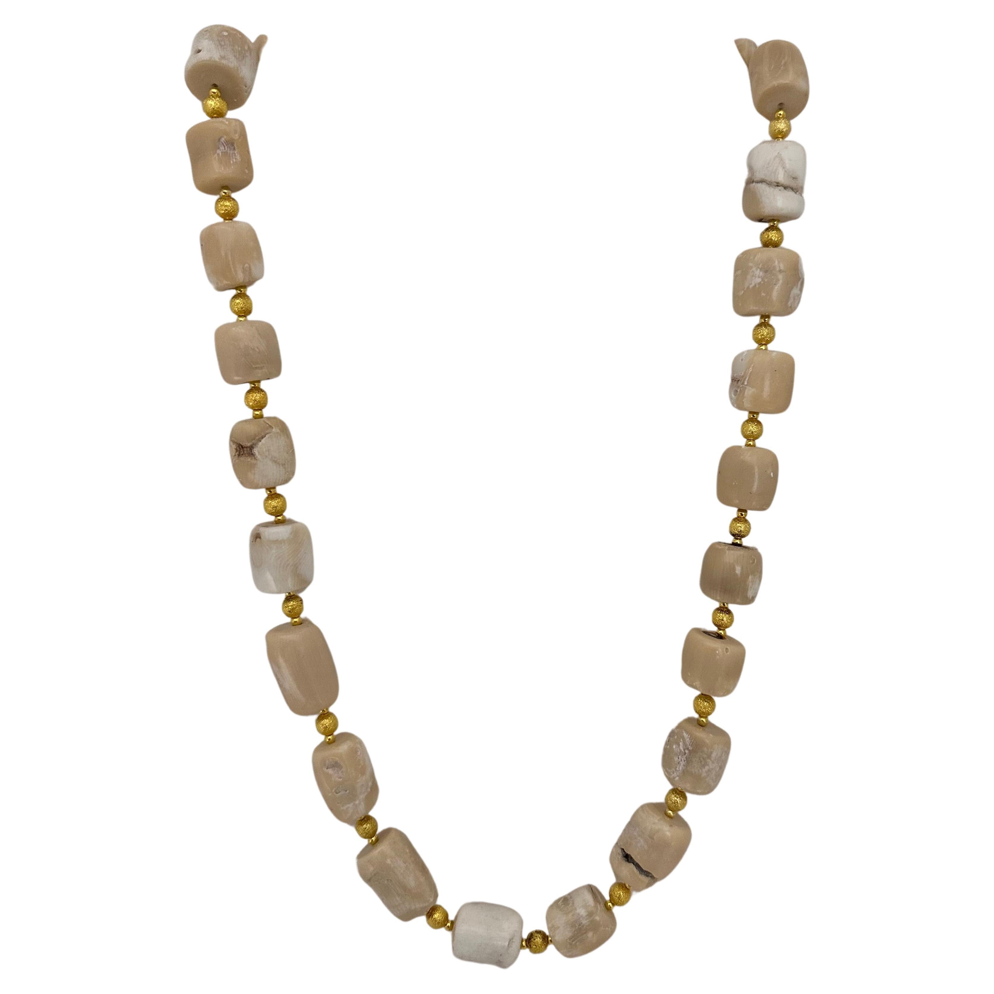 Handmade Gold Plated Beads and White Barrel Shape Coral Beaded 28" Necklace #C26 For Sale